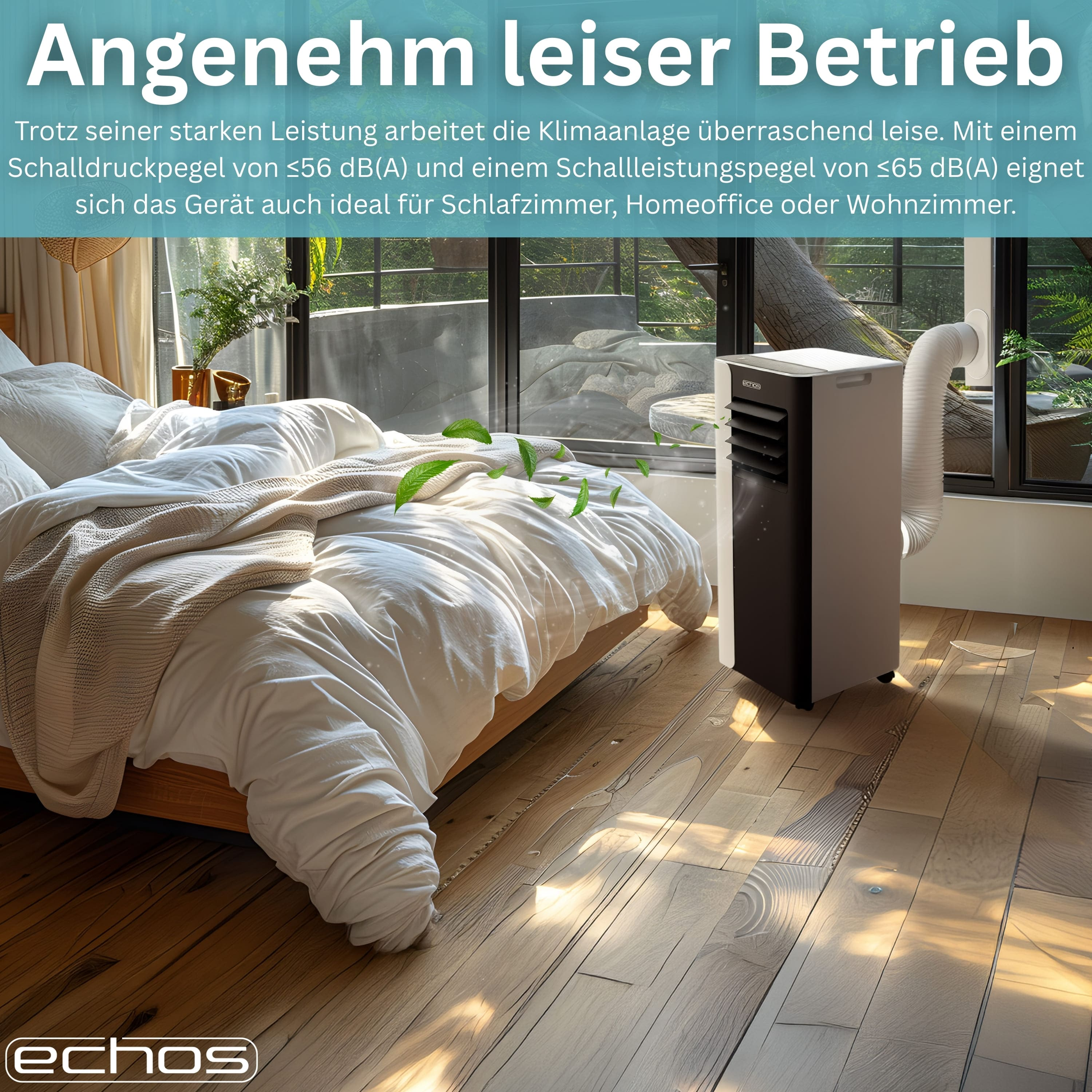 Ein Klimagerät steht neben einem Bett in einem Schlafzimmer, grüne Blätter schweben.