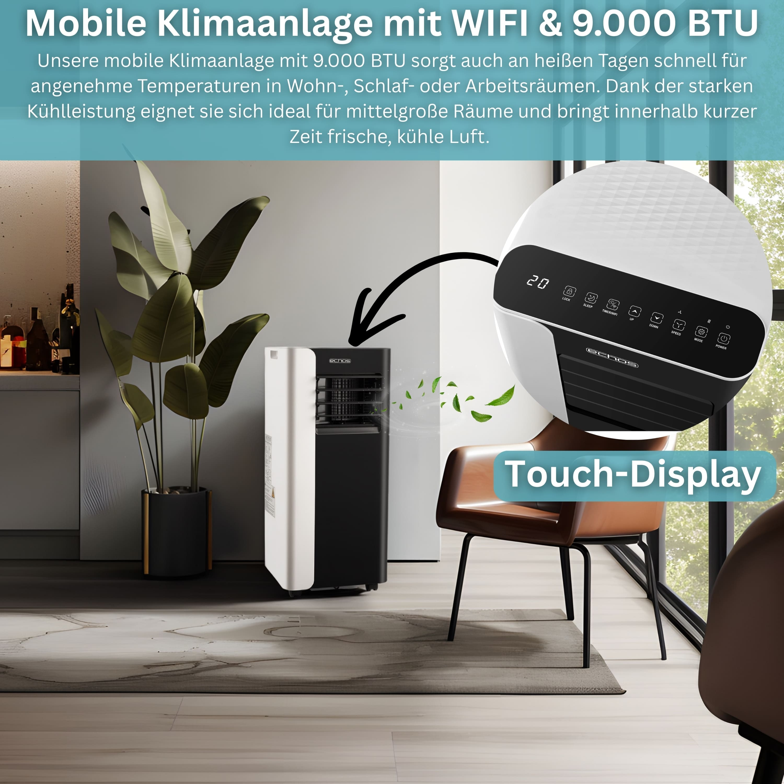Ein mobiles Klimagerät mit Touch-Display steht neben einem Sessel und einer Pflanze.