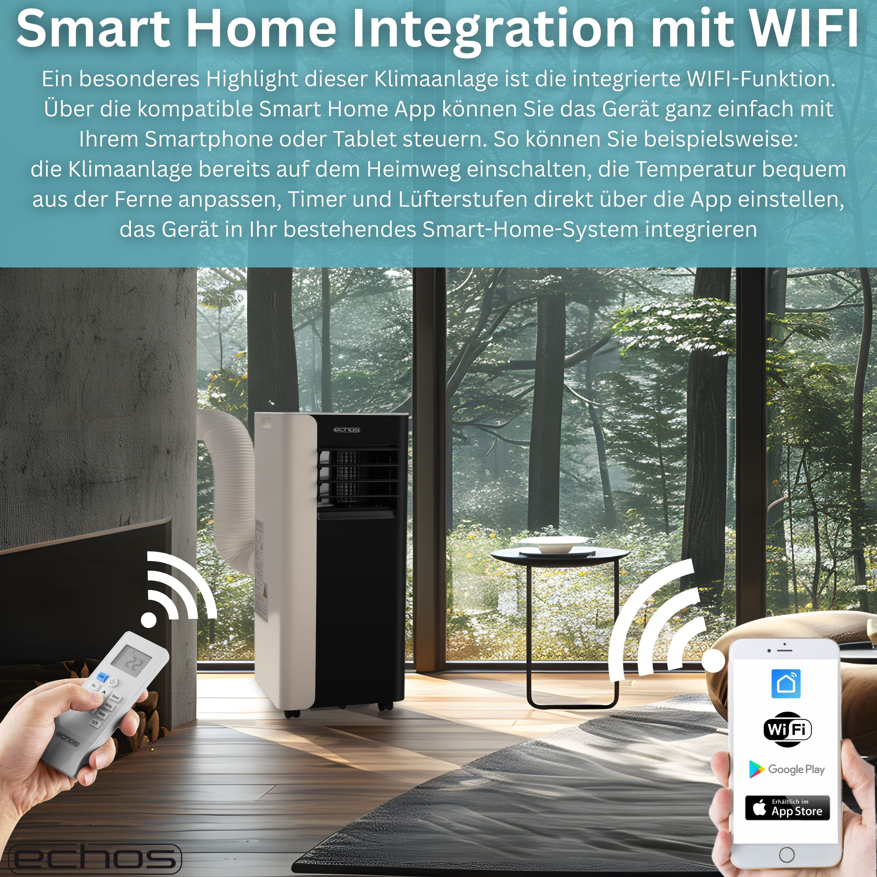 Mobile Klimaanlage mit Fernbedienung und Smartphone-Steuerung im Wohnzimmer.