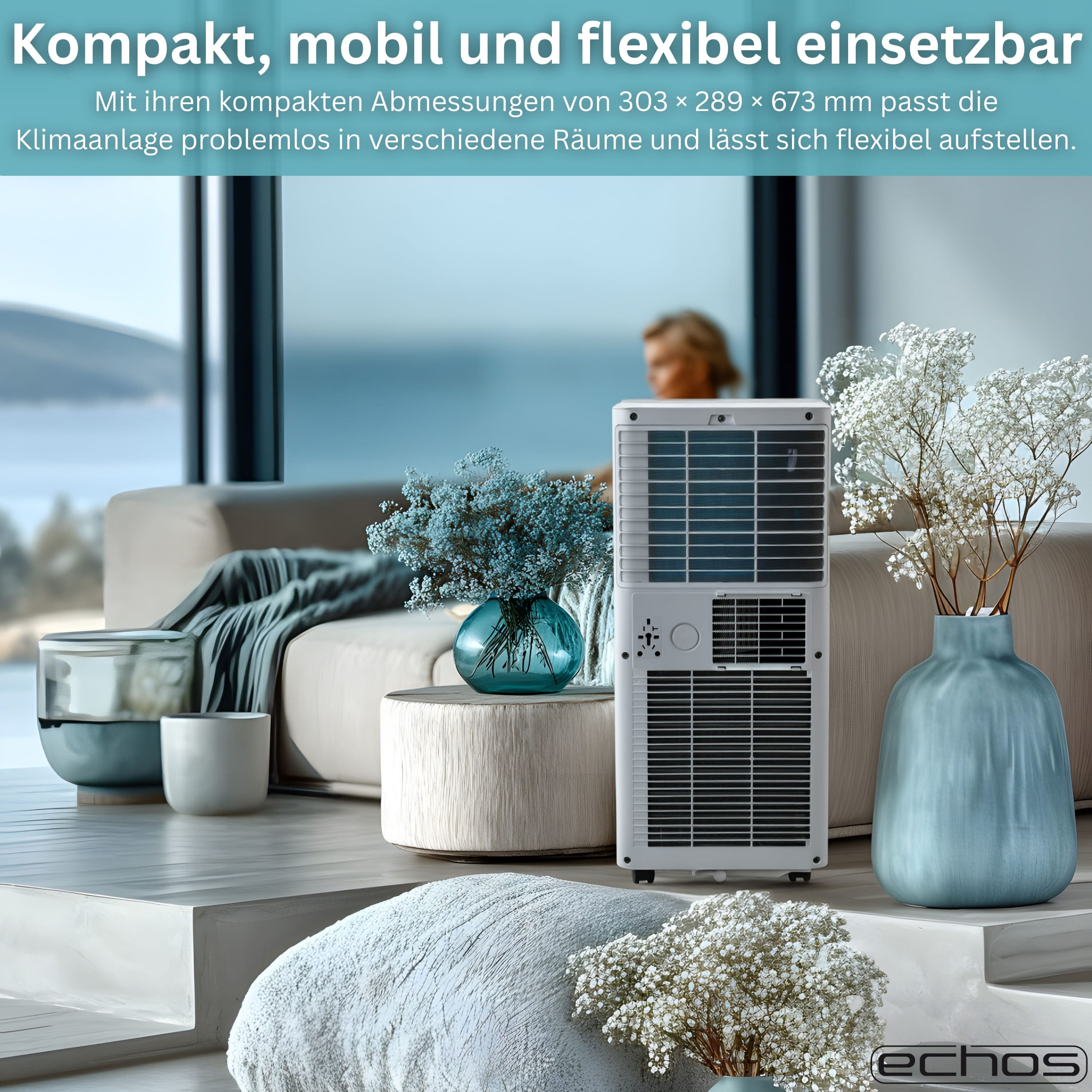 Ein weißer Klimaanlagen-Turm steht neben zwei Vasen mit Trockenblumen.