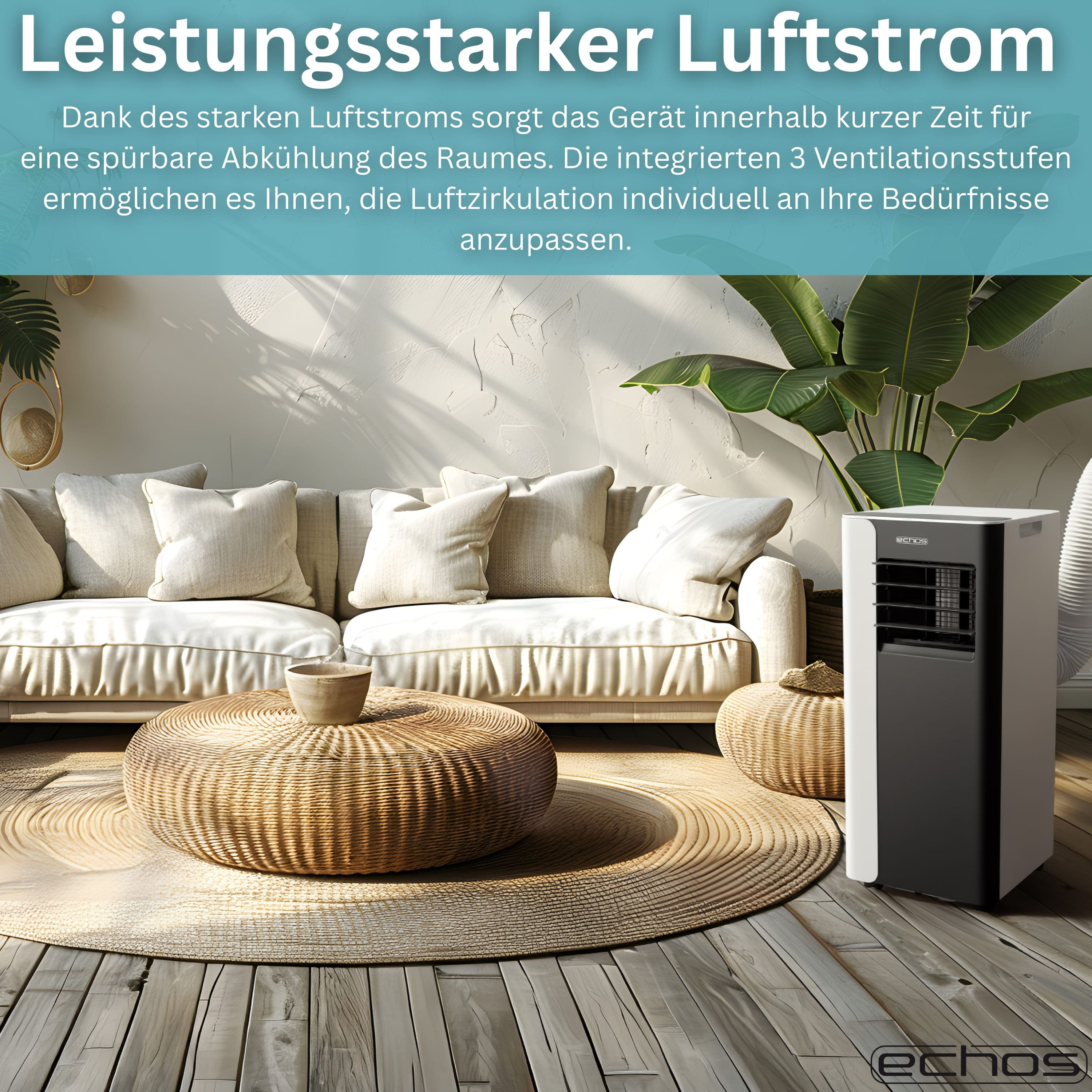 Ein moderner Luftkühler steht auf einem Holzboden neben einem Sofa.