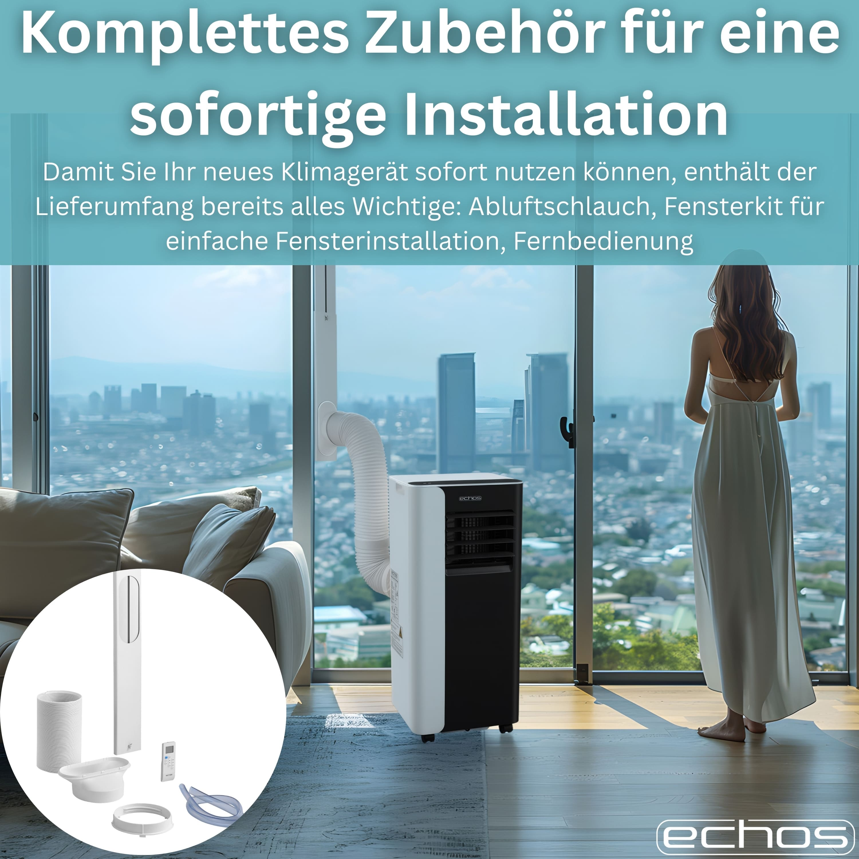 Ein Klimagerät mit Zubehör steht neben einem Fenster, davor eine Frau.