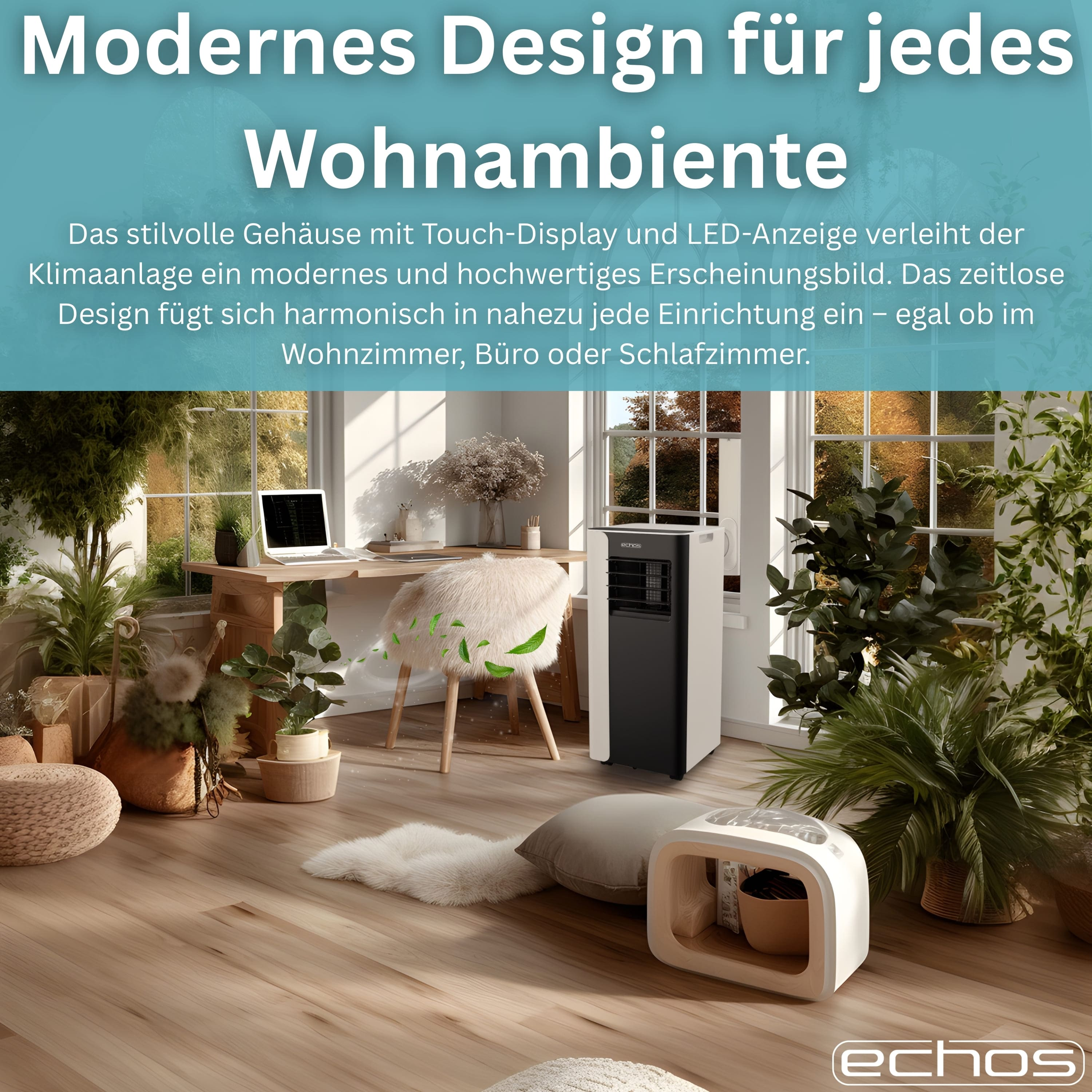 Ein modernes Klimagerät steht neben einem Stuhl mit flauschiger Decke, umgeben von Pflanzen.