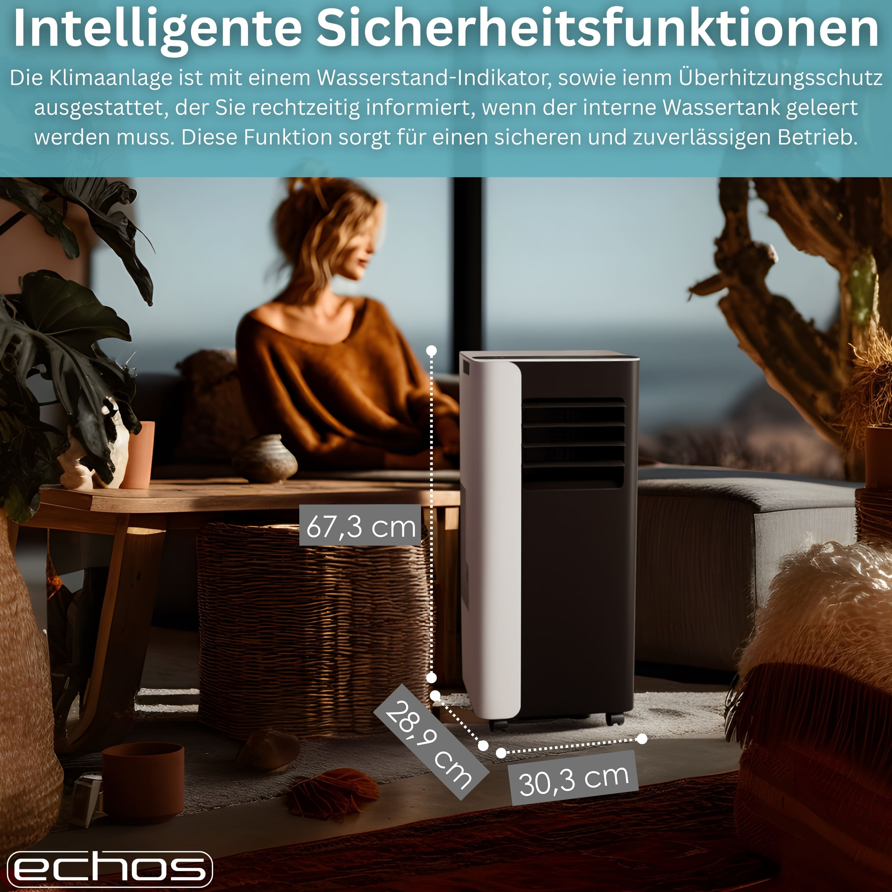Ein weiß-schwarzer Luftkühler steht neben einem Korb und einem Tisch.