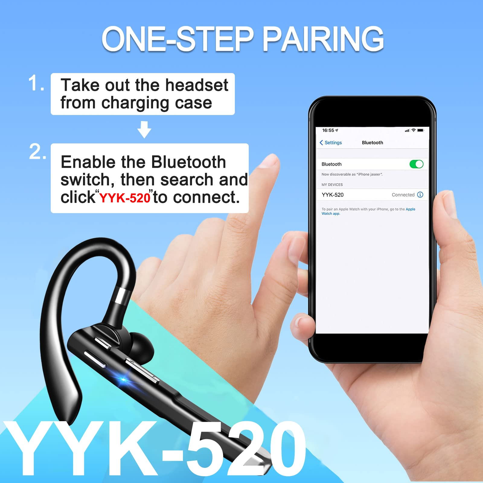 Anleitung: Headset aus Ladecase nehmen, Bluetooth aktivieren, YYK-520 suchen & verbinden.