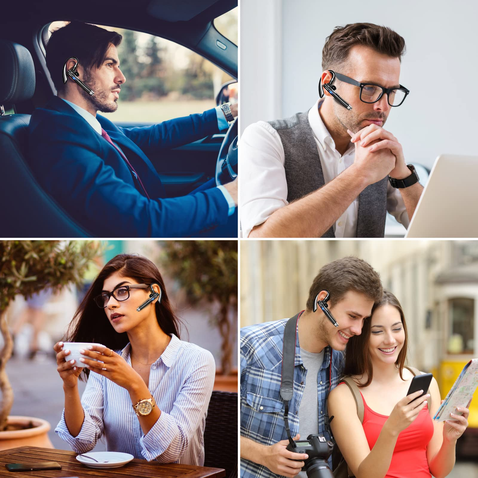 Collage zeigt vier Szenen mit Menschen, die Bluetooth-Kopfhörer tragen.