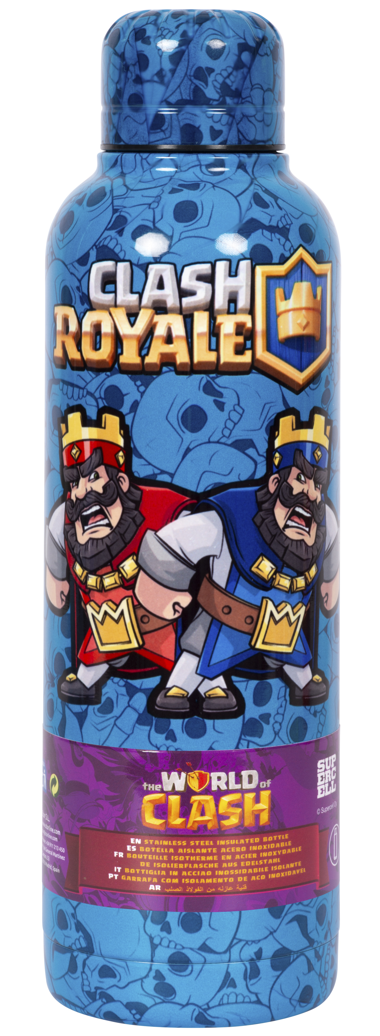 Blaue Trinkflasche mit Clash Royale-Motiv, zwei Königen und Totenköpfen.