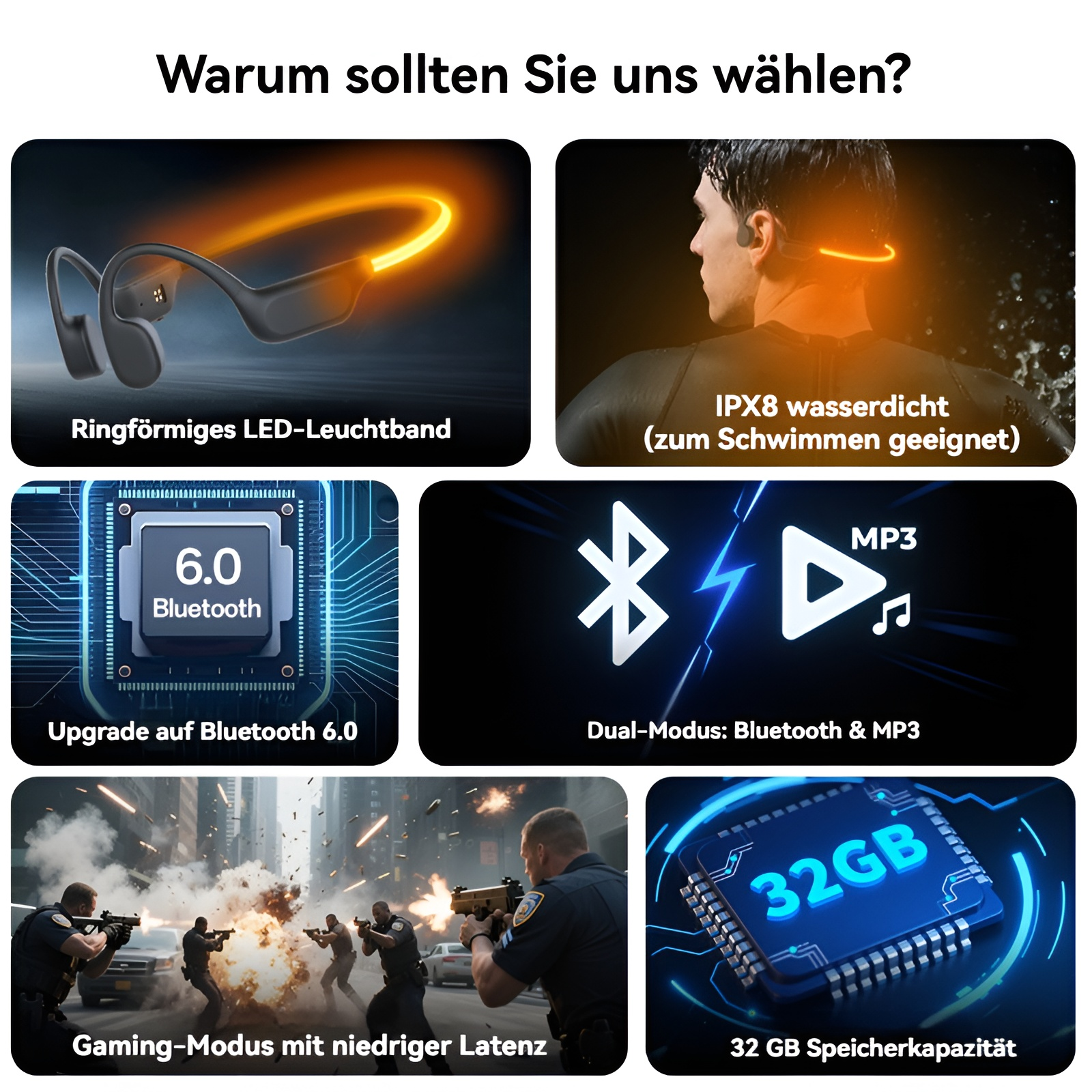 Kopfhörer mit Ring-LED, IPX8 wasserdicht, Bluetooth 6.0, MP3, Gaming-Modus, 32GB Speicher.