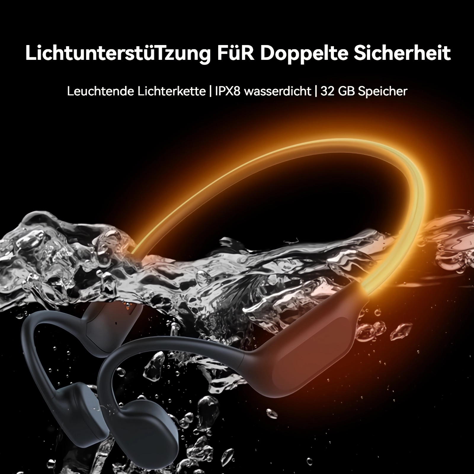 Schwarze Kopfhörer mit leuchtendem Bügel tauchen in Wasser ein.