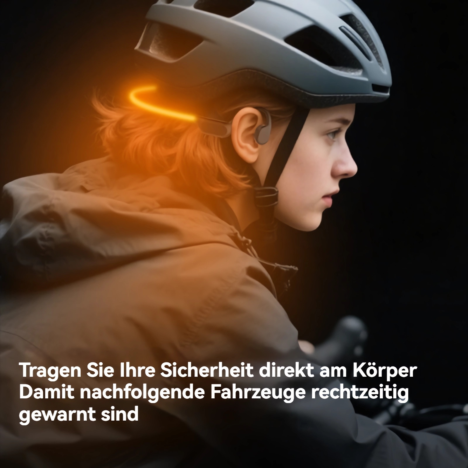 Eine Person mit Helm und leuchtendem Nackenband fährt Rad.