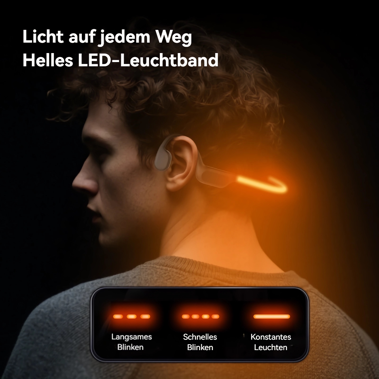 Mann mit orangenem LED-Band am Kopf, das drei Modi zeigt.