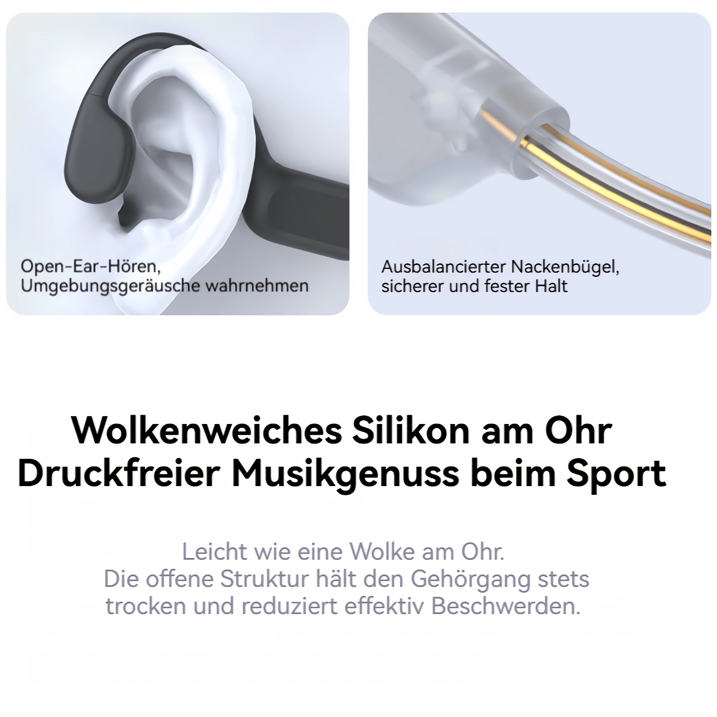 Kopfhörer mit offenem Ohr-Design und Nackenbügel. Silikon am Ohr für druckfreien Genuss.