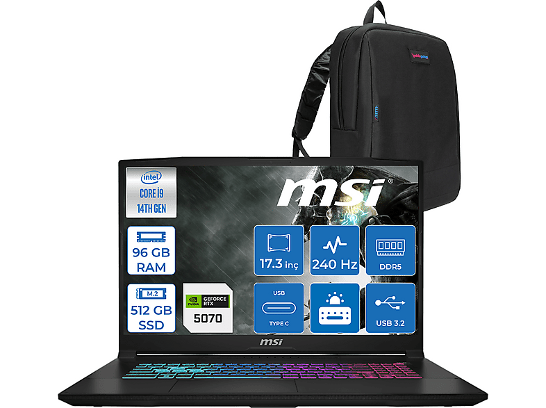 MSI Katana 17 8GB RTX5070 115W QHD 240Hz IPS W048XTRF27 Intel Core i9-14900HX 96 GB RAM 512 GB SSD 17,3 inç FreeDOS Laptop+Çanta Siyah