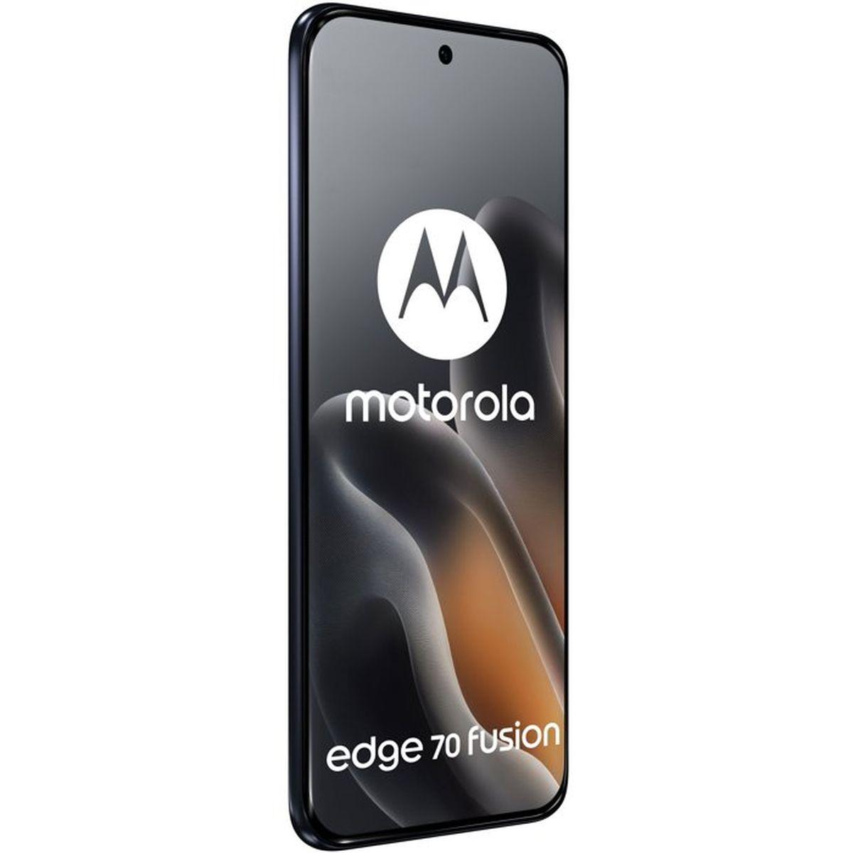 Ein schwarzes Motorola Edge 70 Fusion Smartphone mit Logo und Schriftzug.