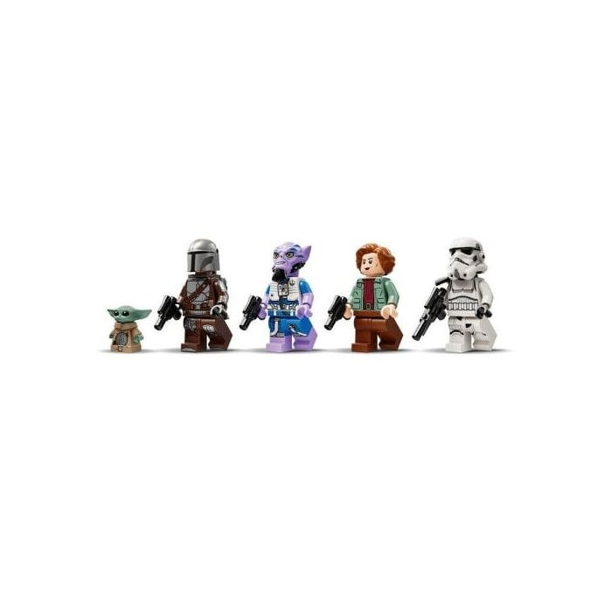 Cztery figurki Lego Star Wars: Baby Yoda, Mandalorian, Twi'lek i Szturmowiec.