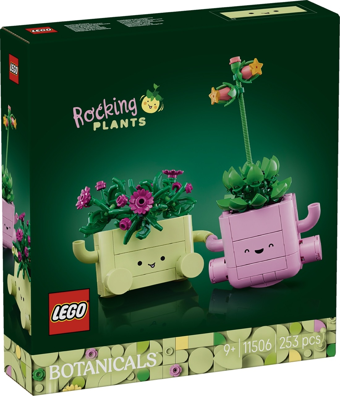 Pudełko Lego Botanicals przedstawia dwie uśmiechnięte rośliny doniczkowe, jedną różową, jedną zieloną, z kwiatami.
