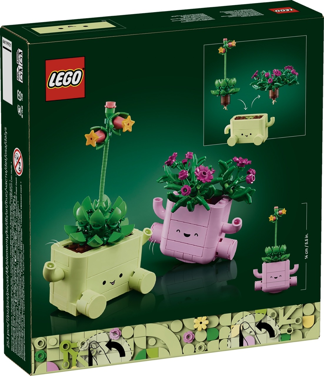 Zestaw Lego z dwoma roślinami w uroczych doniczkach. Zielona sukulenta, różowa z kwiatami.