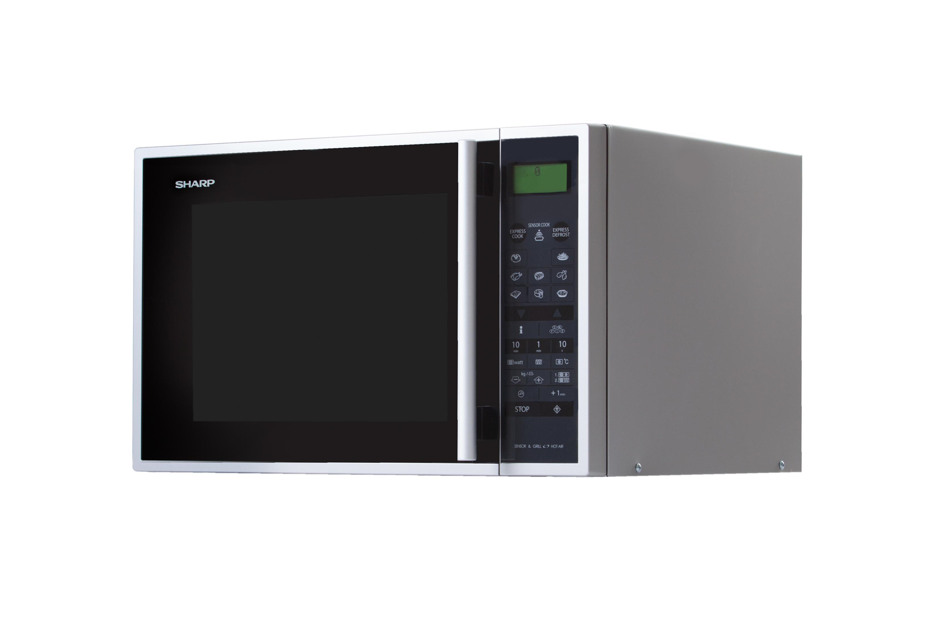 Een Sharp magnetron met zwarte deur en zilveren rand, digitaal display en bedieningspaneel.