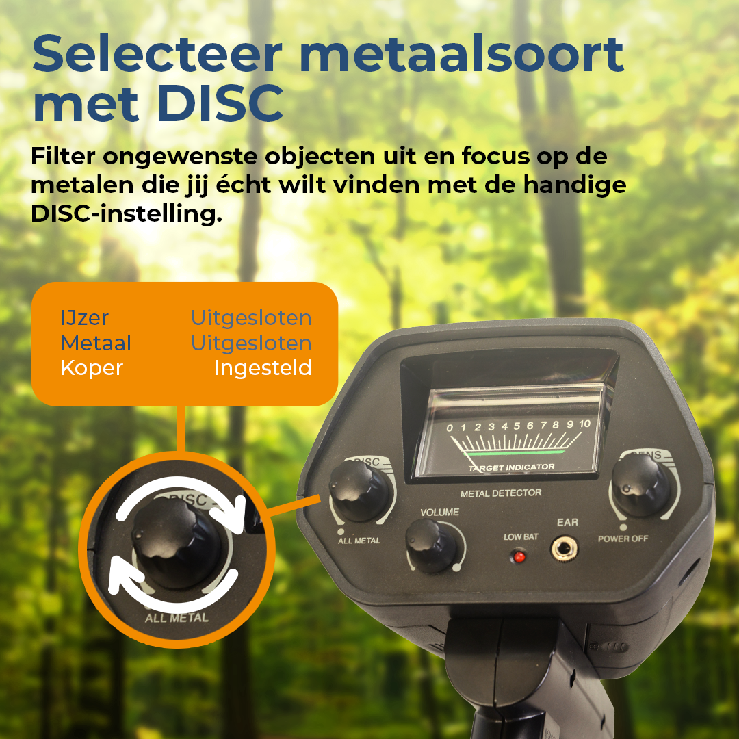 Een metaaldetector met DISC-instelling filtert ongewenste objecten uit.