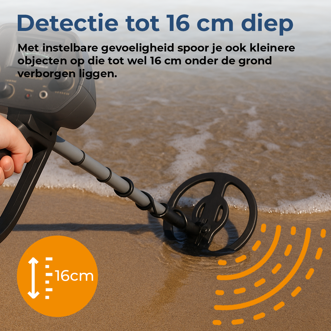 Een metaaldetector wordt op een strand gebruikt, die tot 16 cm diepte detecteert.