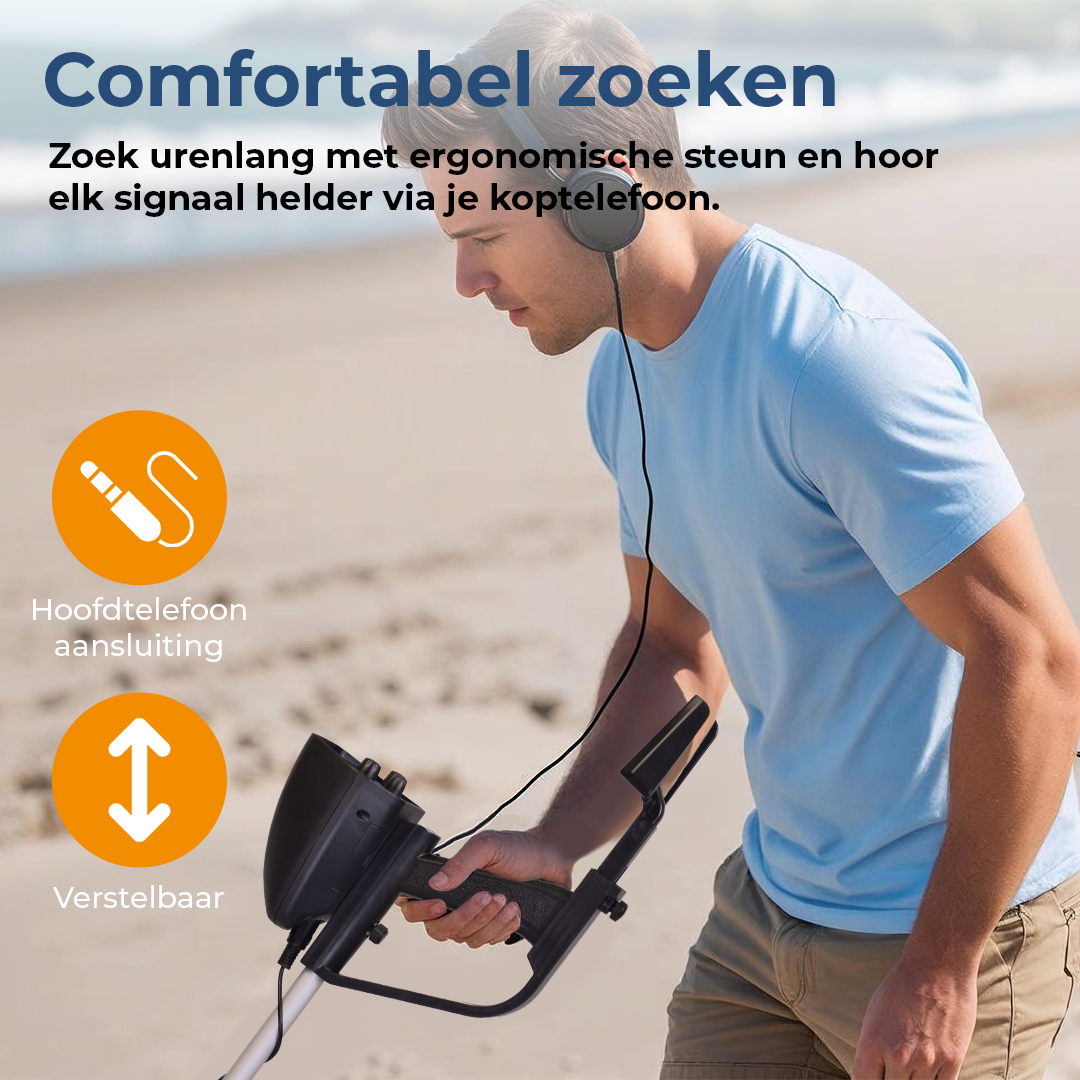 Man op strand met metaaldetector, koptelefoon en jack symbool.