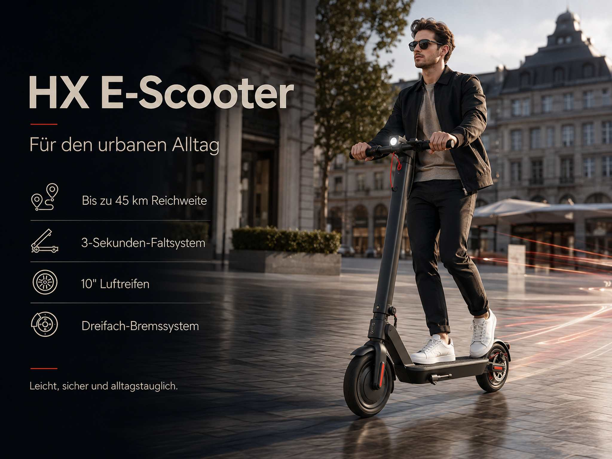 Mann fährt E-Scooter in Stadt. HX E-Scooter: 45km Reichweite, 3-Sekunden-Falten.