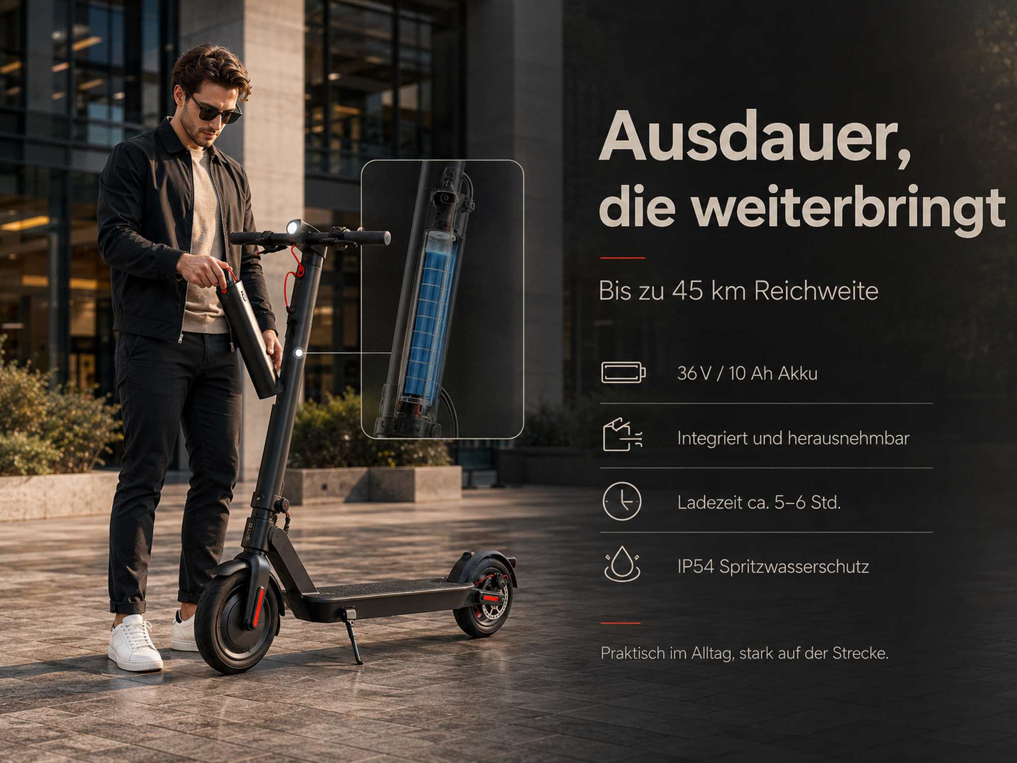 Mann mit E-Scooter, Akku wird gezeigt, Text über Reichweite und Ladezeit.