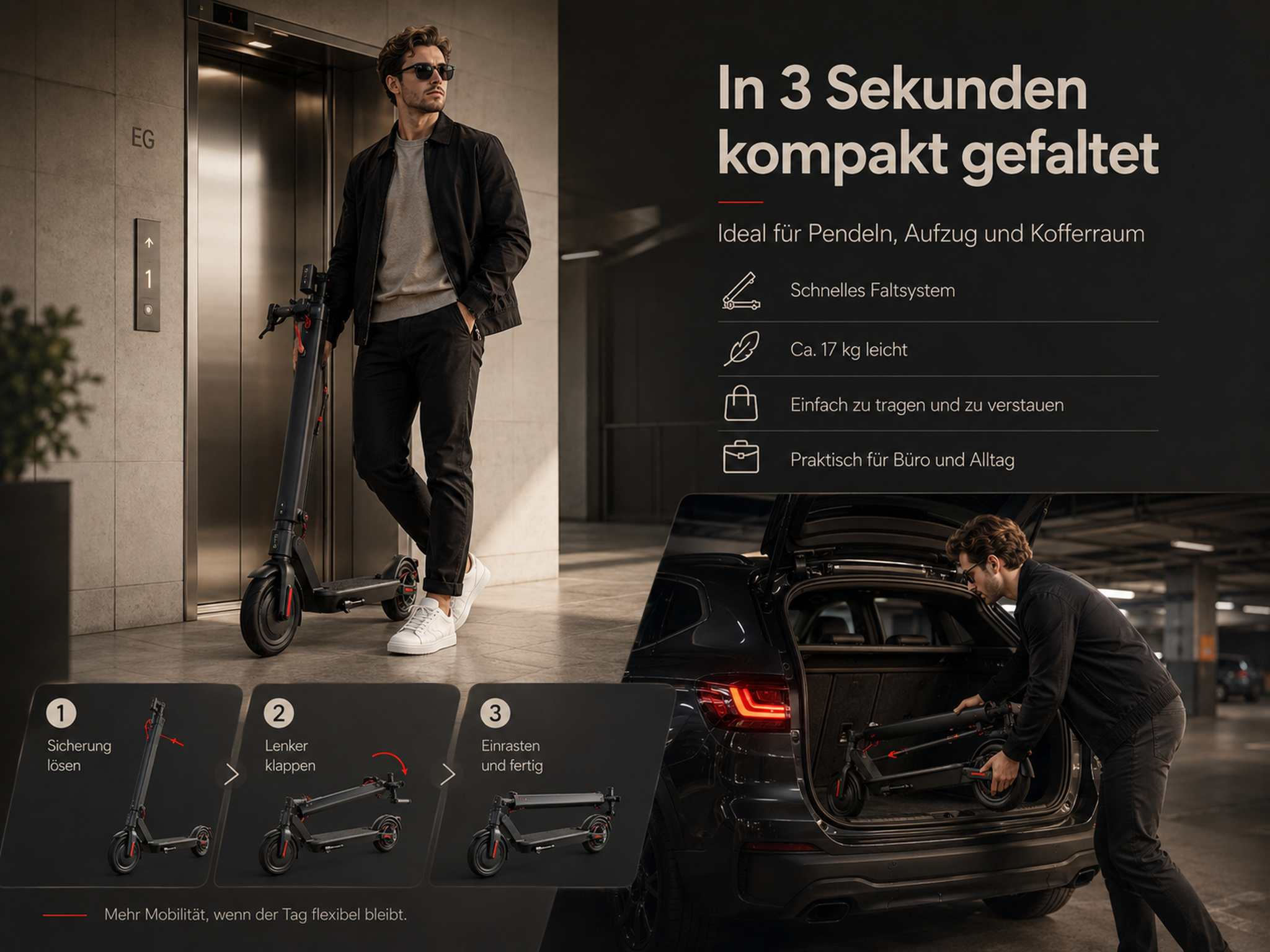 Mann faltet E-Scooter für Kofferraum neben Aufzug. Anzeige zeigt Faltvorgang.