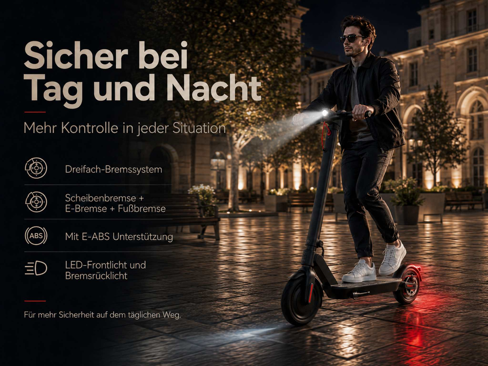 Mann fährt E-Scooter nachts mit Licht und Bremslicht. Text über Sicherheit.