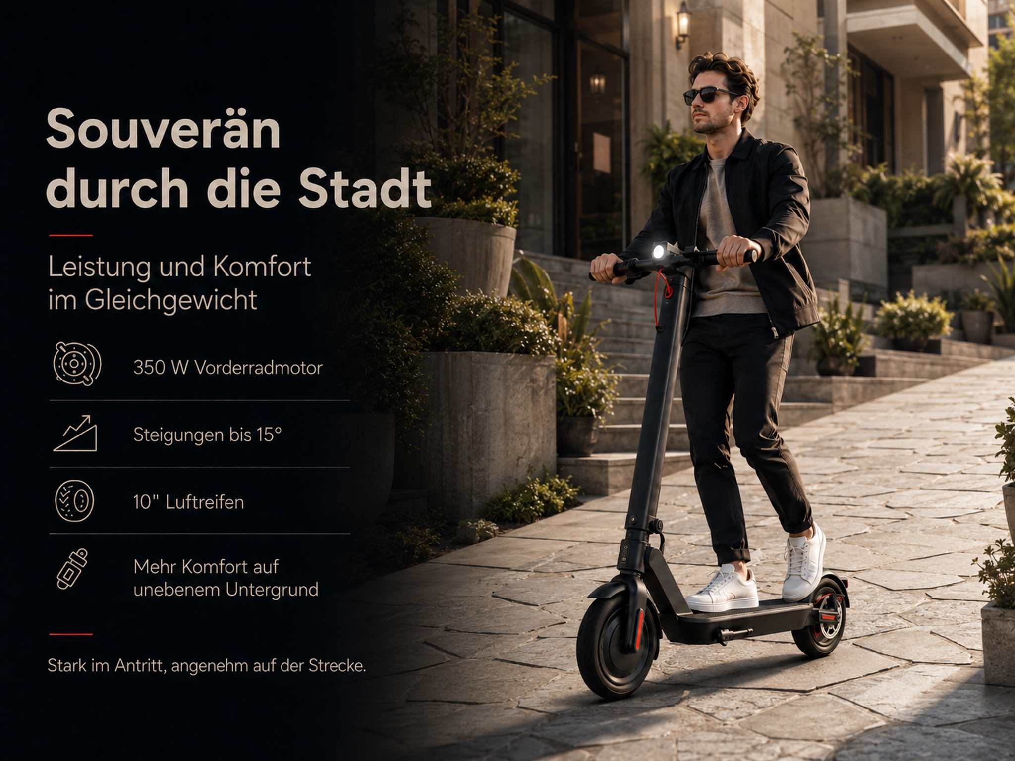 Mann fährt E-Scooter in der Stadt, mit Text über Leistung und Komfort.