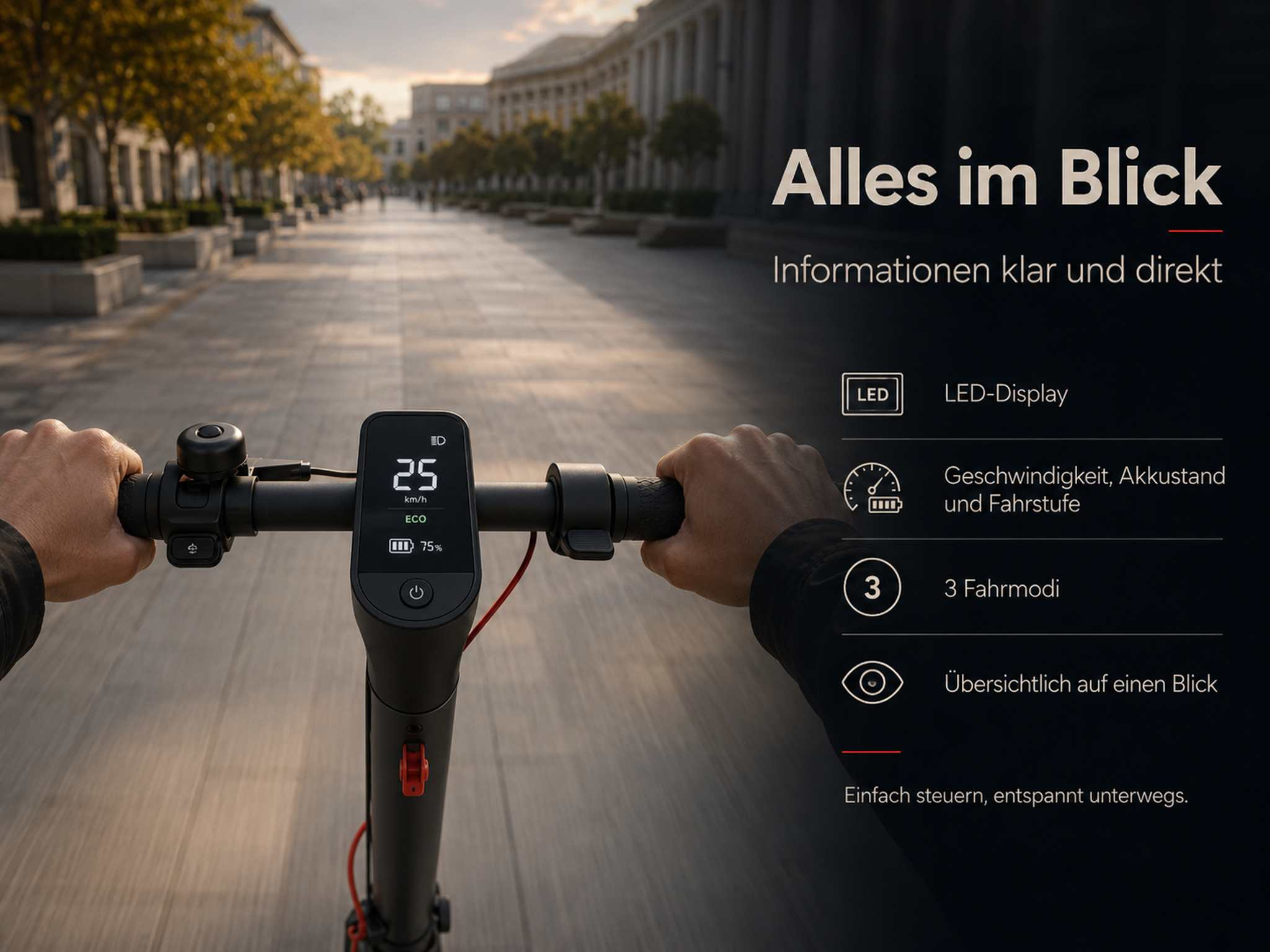 Lenker eines E-Scooters mit digitalem Display, das Geschwindigkeit und Akku anzeigt.