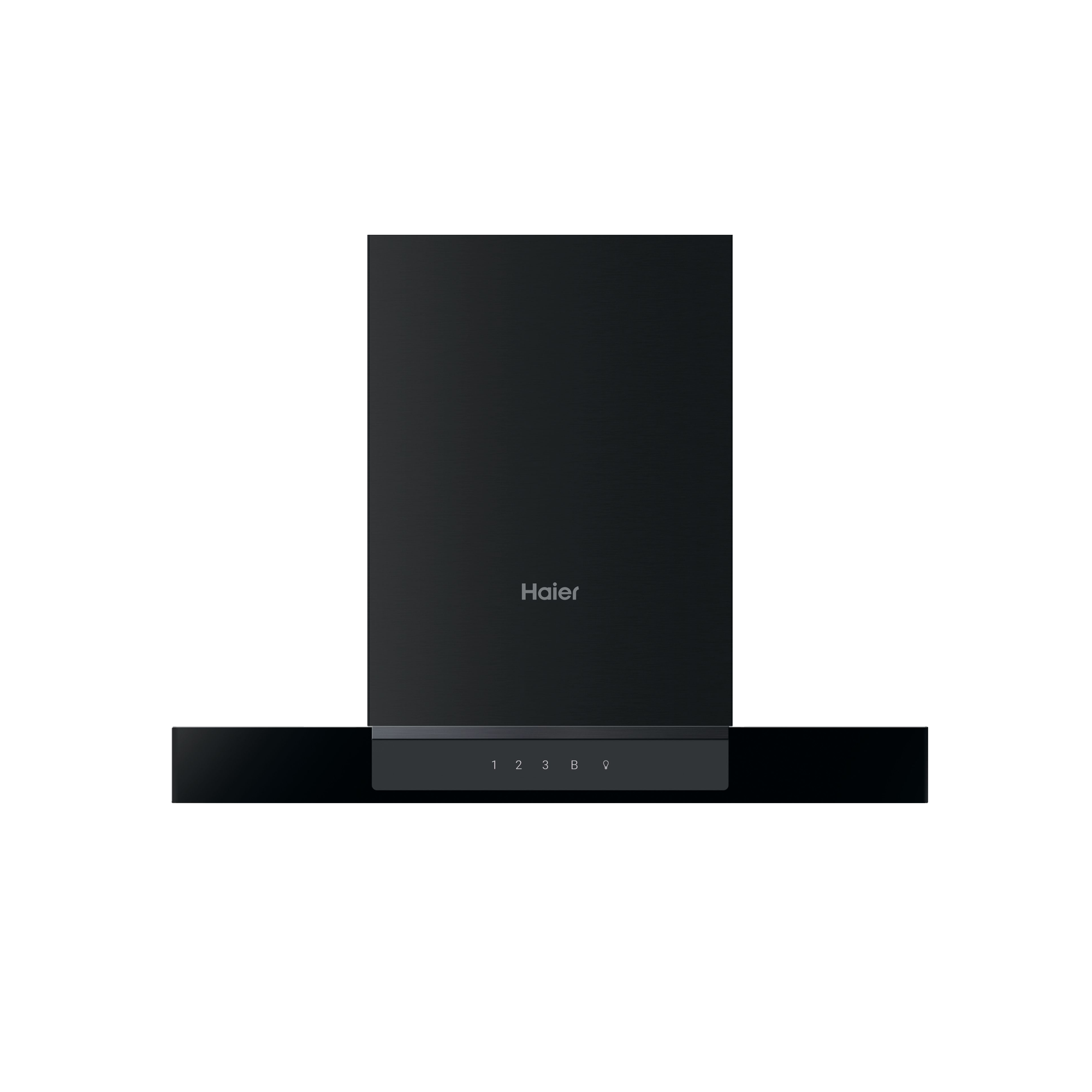 Eine schwarze Dunstabzugshaube mit dem Haier-Logo und Bedienelementen.