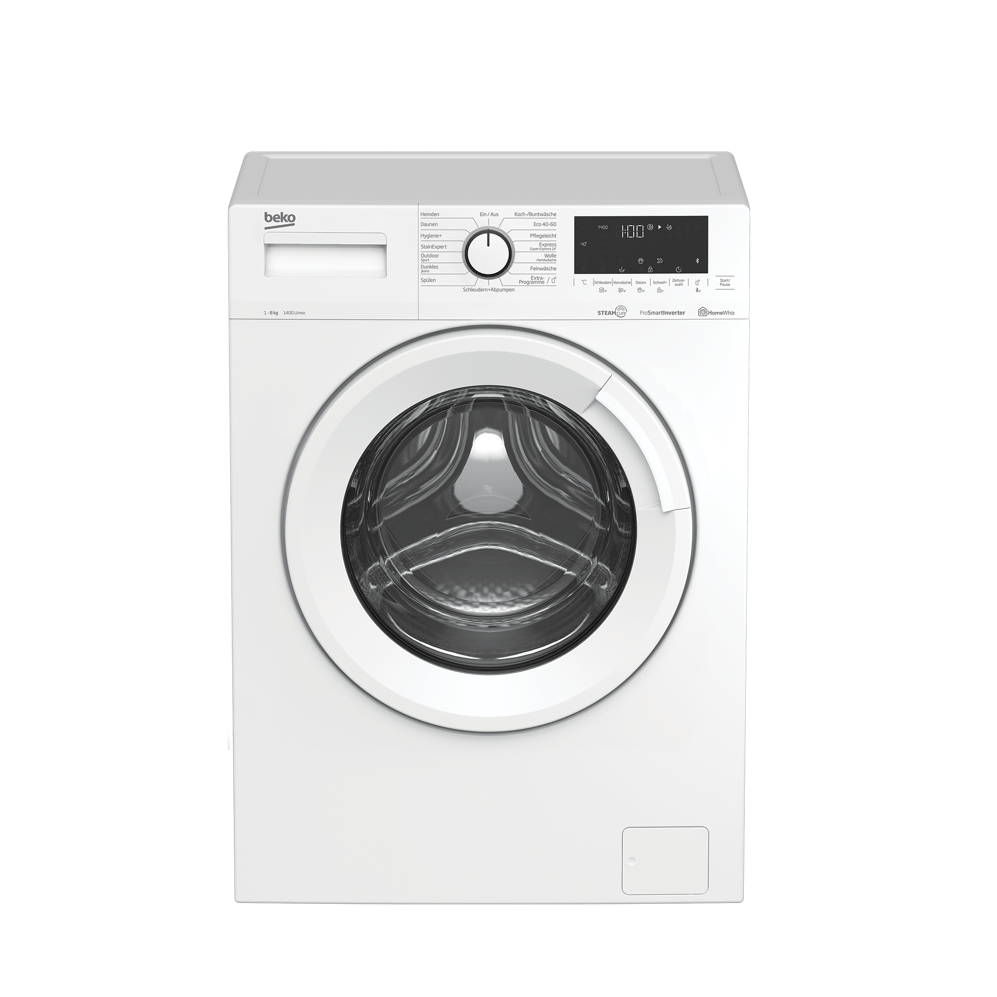 Eine weiße Beko Waschmaschine mit digitalem Display und runder Tür.