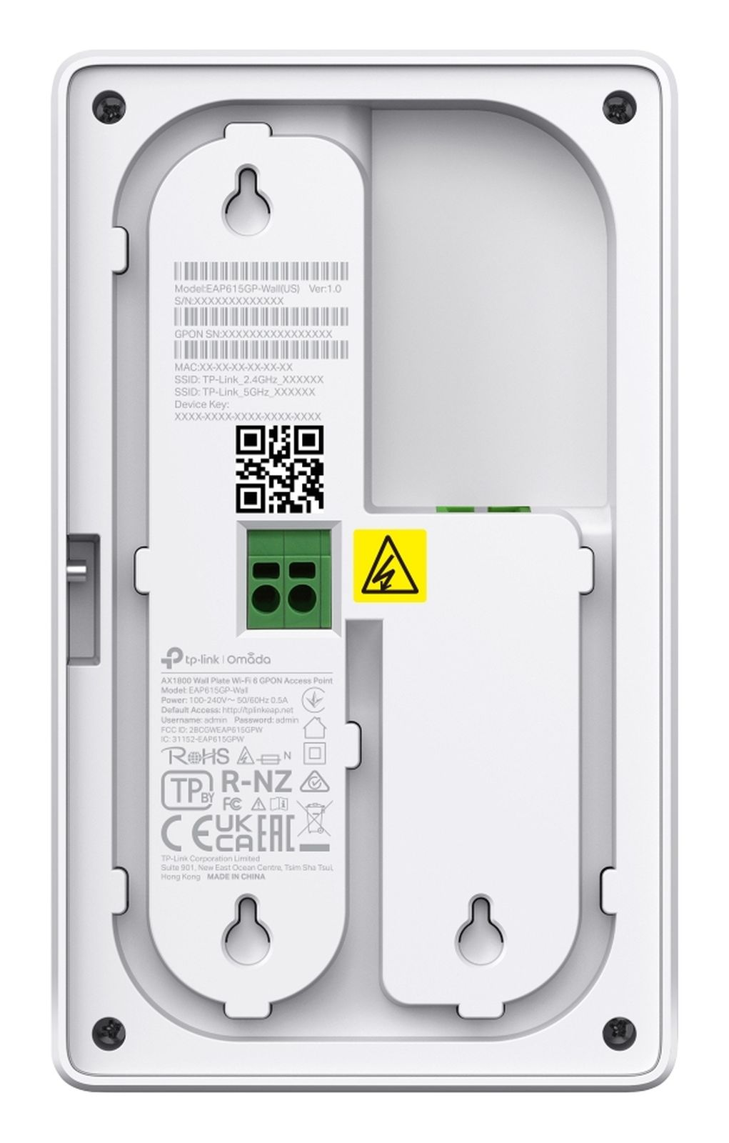 Weiße TP-Link Omada Wandmontageplatte Wi-Fi 6 Access Point mit Modell, MAC, SSIDs und QR-Code.