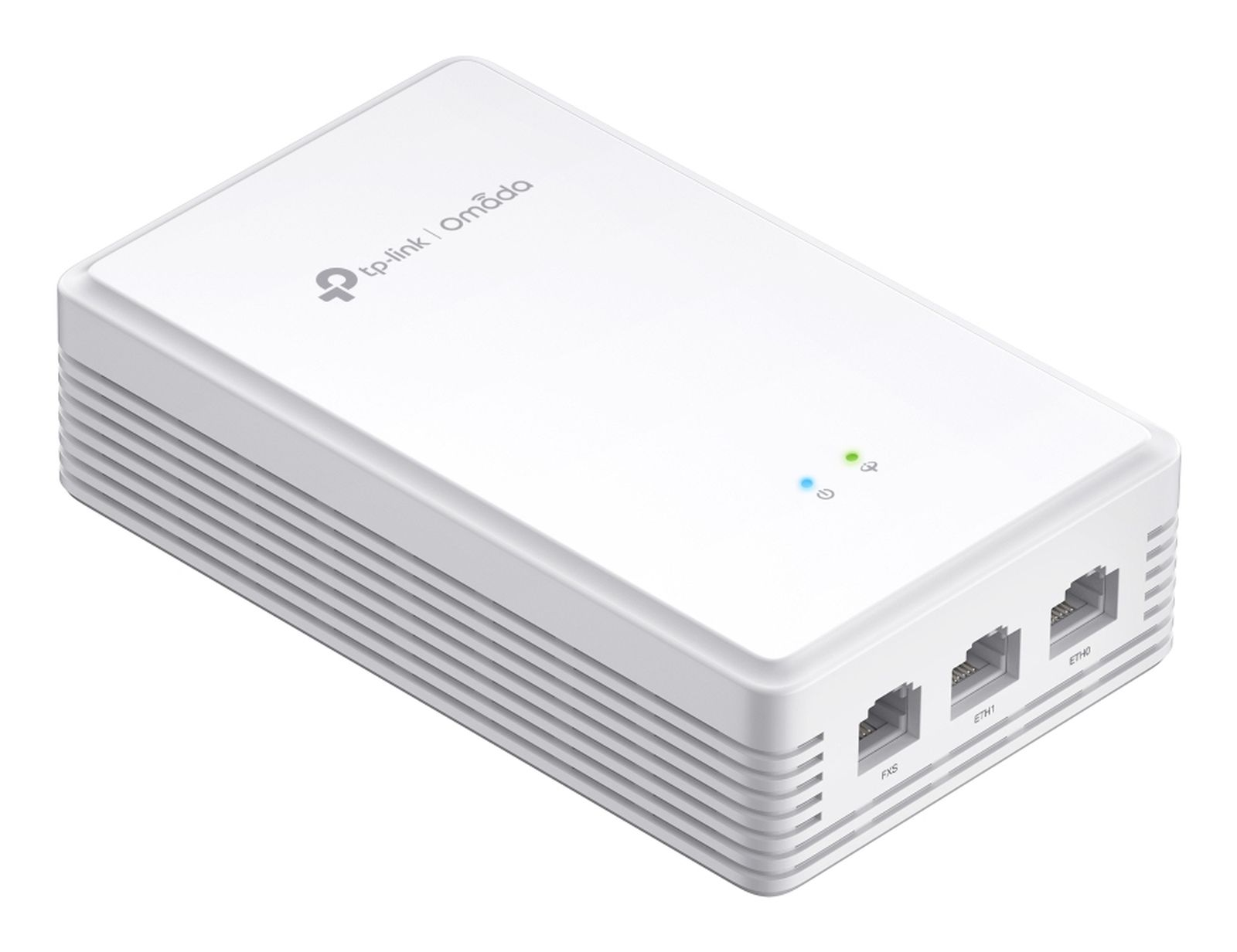 Ein weißes TP-Link Omada-Netzwerkgerät mit drei Ethernet-Anschlüssen.