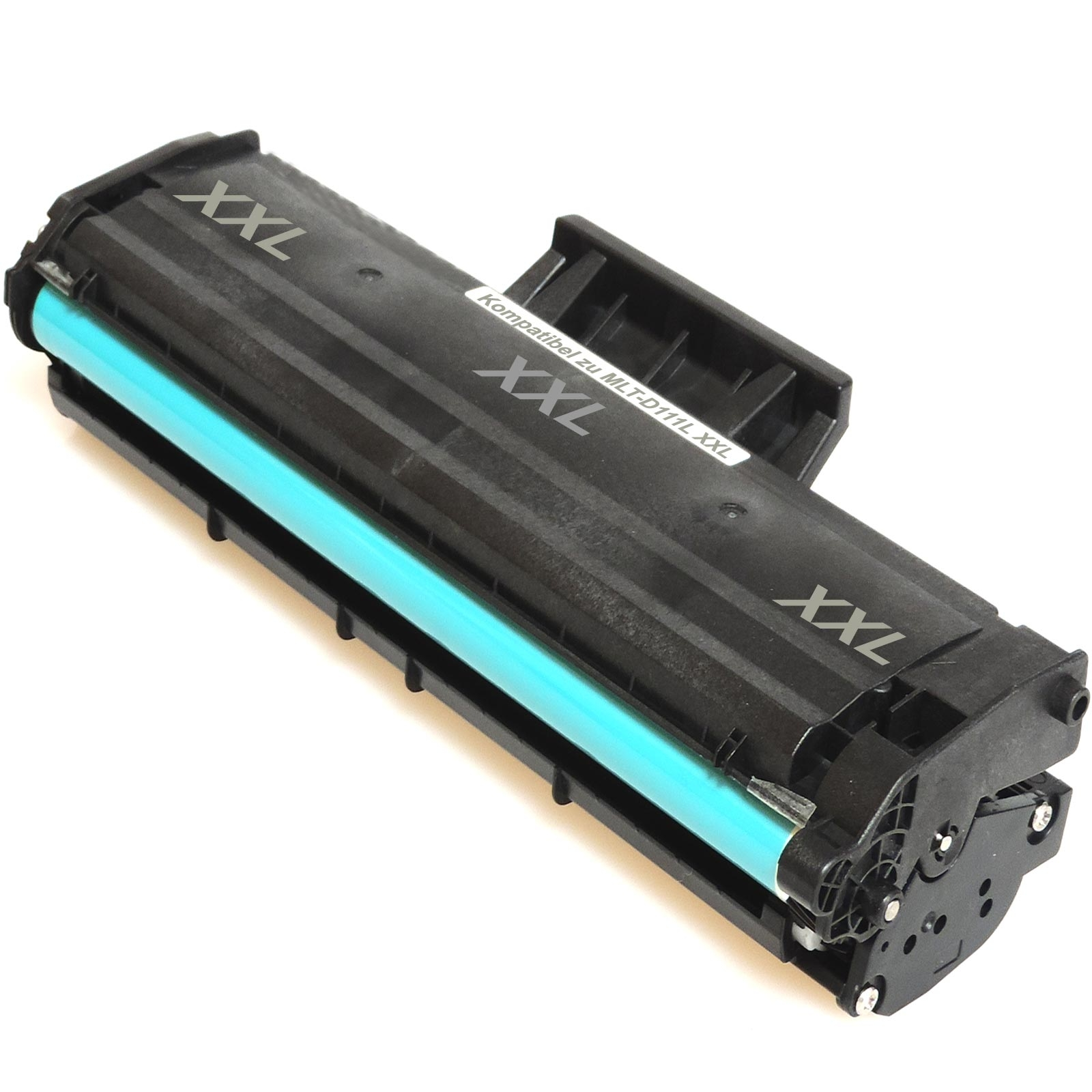 Schwarze Tonerkartusche mit XXL-Aufschrift und teal Trommel.