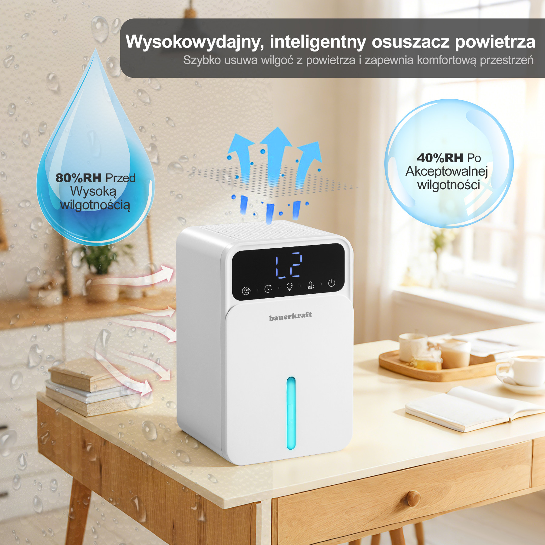 Biały osuszacz powietrza Bauer Kraft na drewnianym stole, redukujący wilgotność powietrza.