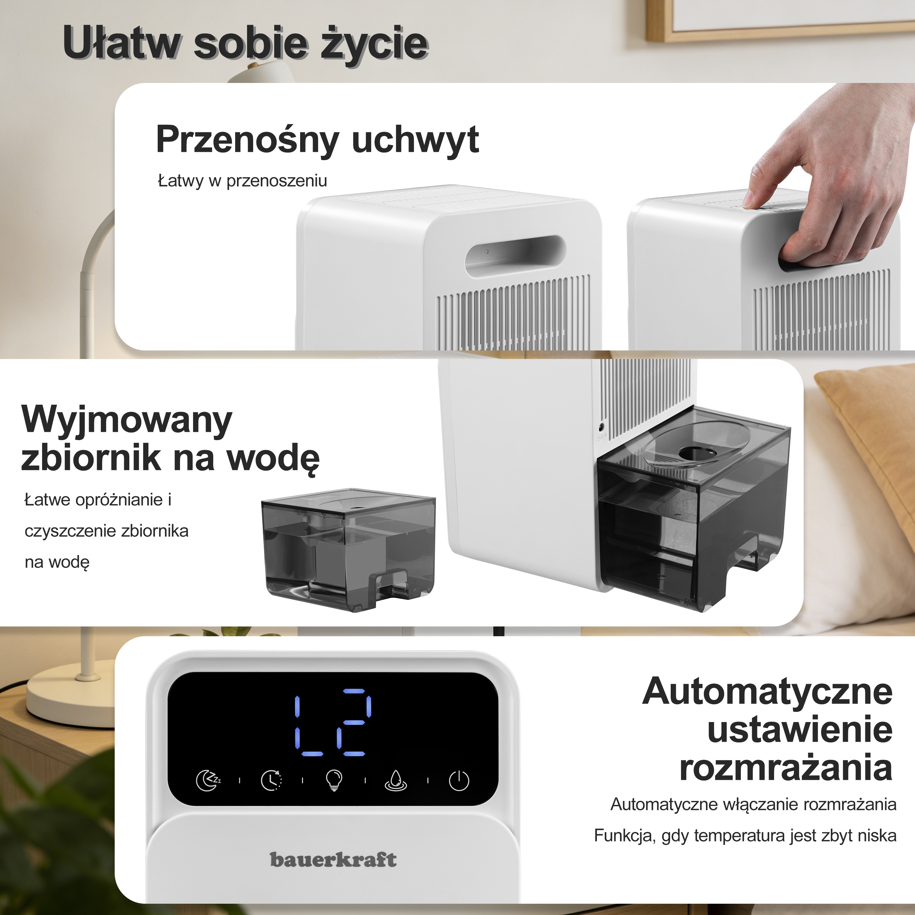 Biały osuszacz powietrza z przenośnym uchwytem, wyjmowanym zbiornikiem na wodę i cyfrowym wyświetlaczem.