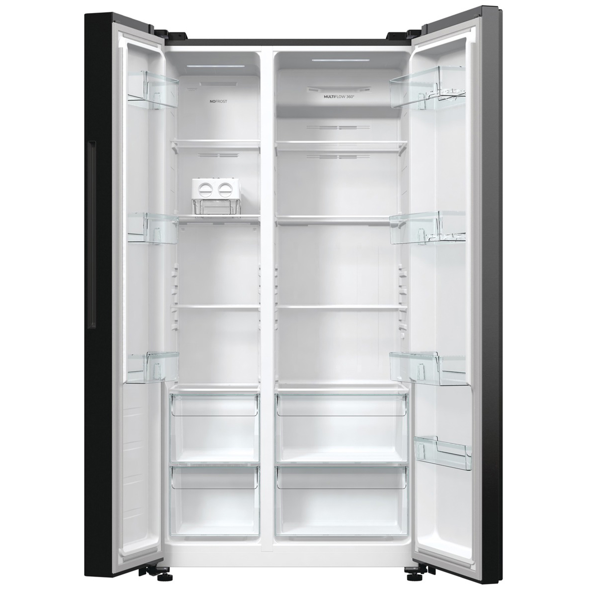 Ein leerer, offener schwarzer Kühlschrank mit mehreren Glasböden und Schubladen.
