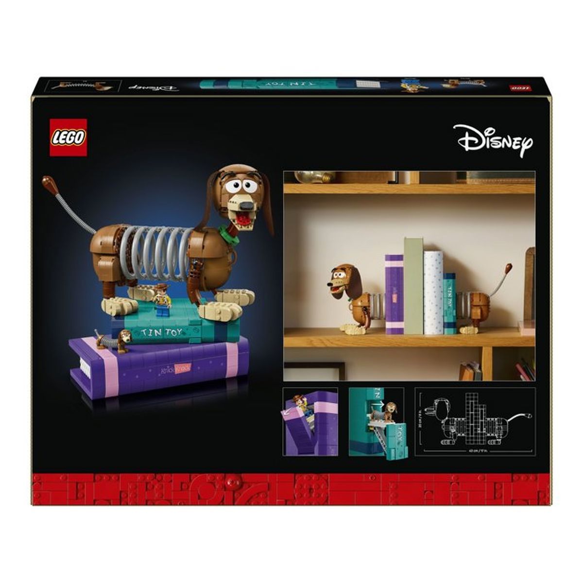 Slinky Dog LEGO su libri, con Woody e piccolo Slinky. Scaffali con figure di Slinky.
