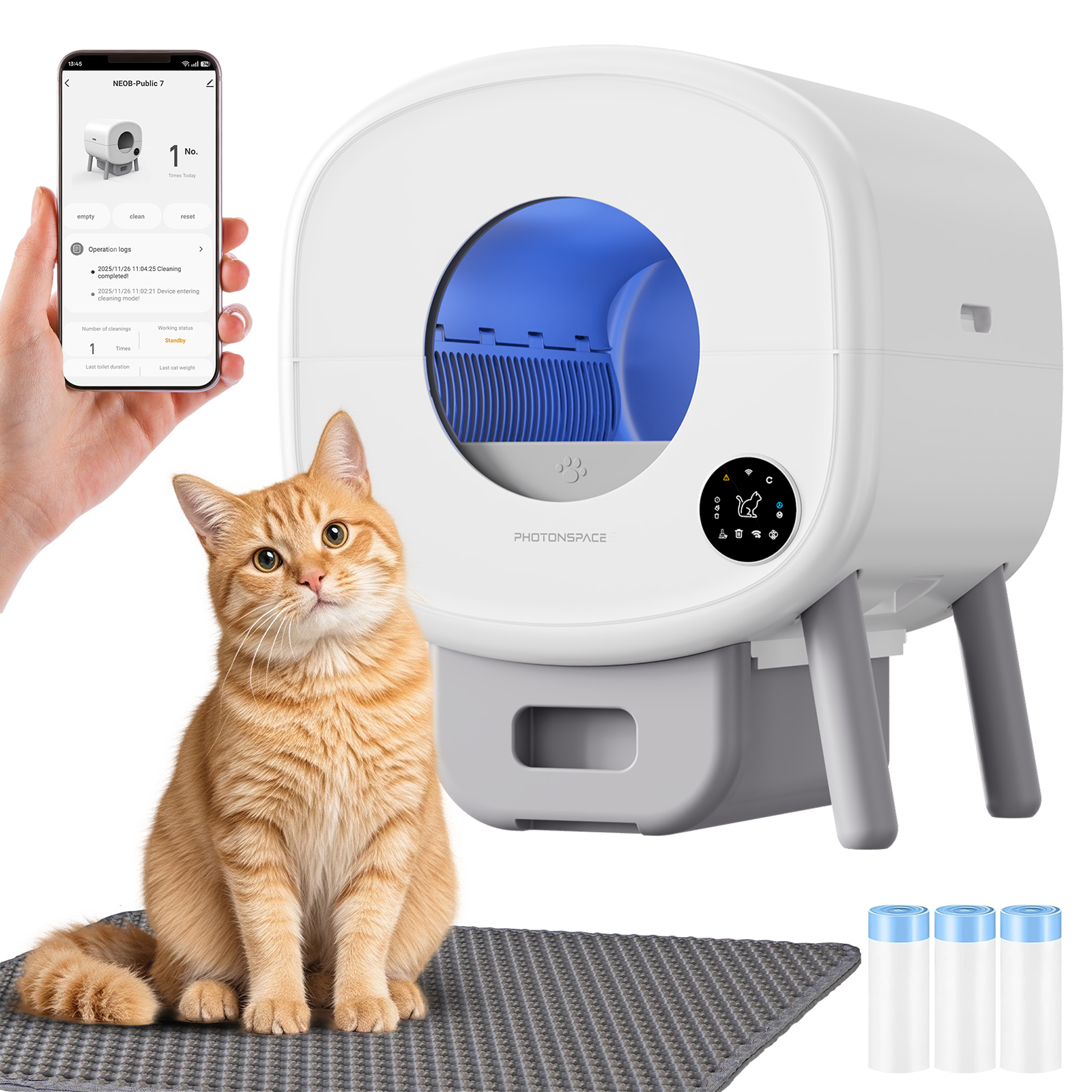Orange cat sits before a white litter box with blue interior light. Phone shows app.