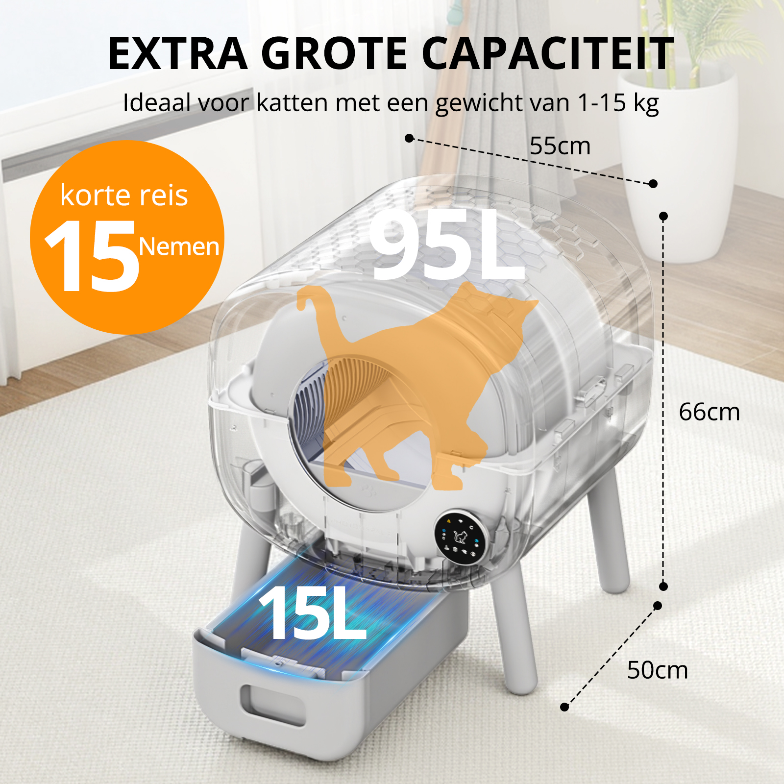 A white, elevated automatic cat litter box with a 95L capacity.