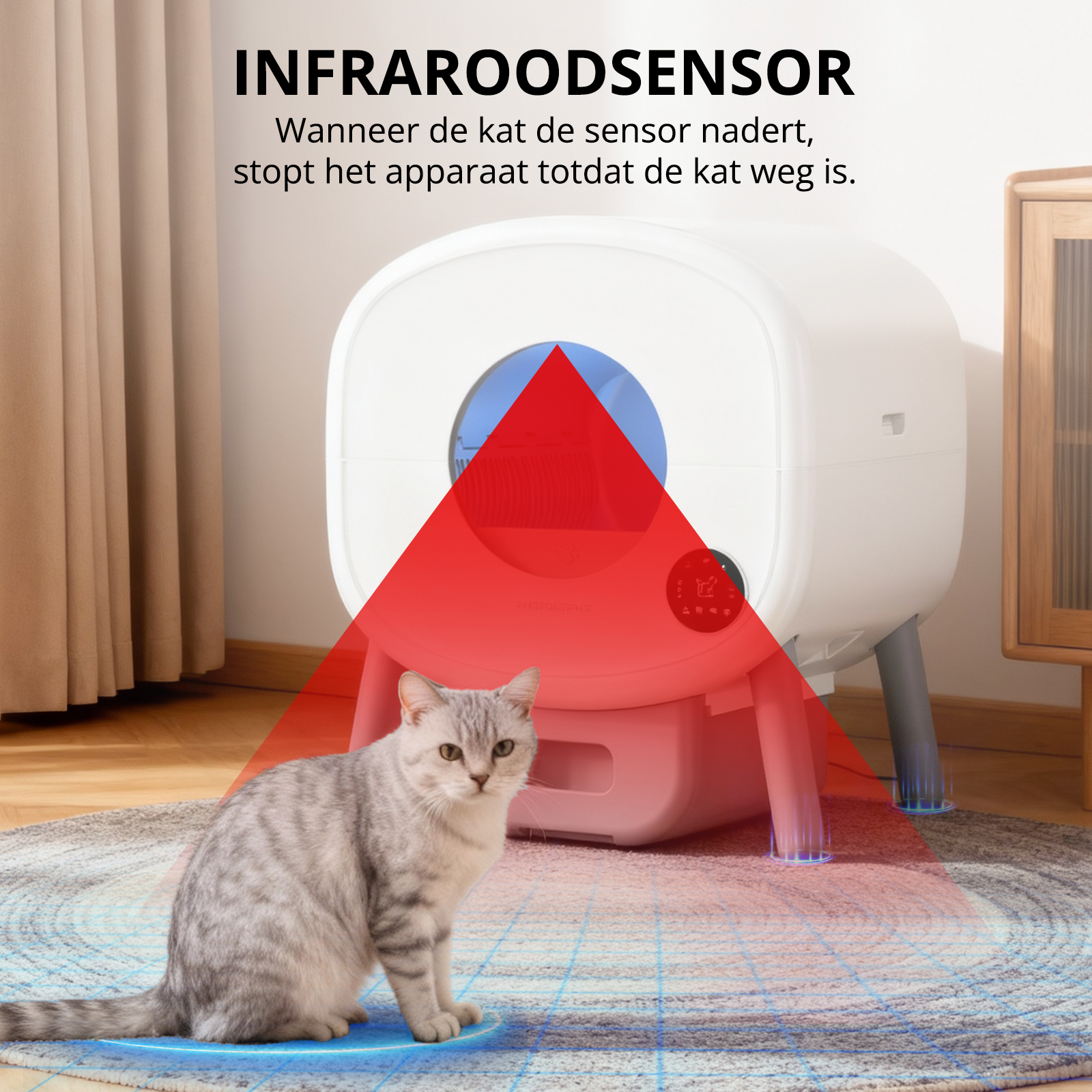 A cat sits on a mat in front of a litter box, showing a red sensor area.