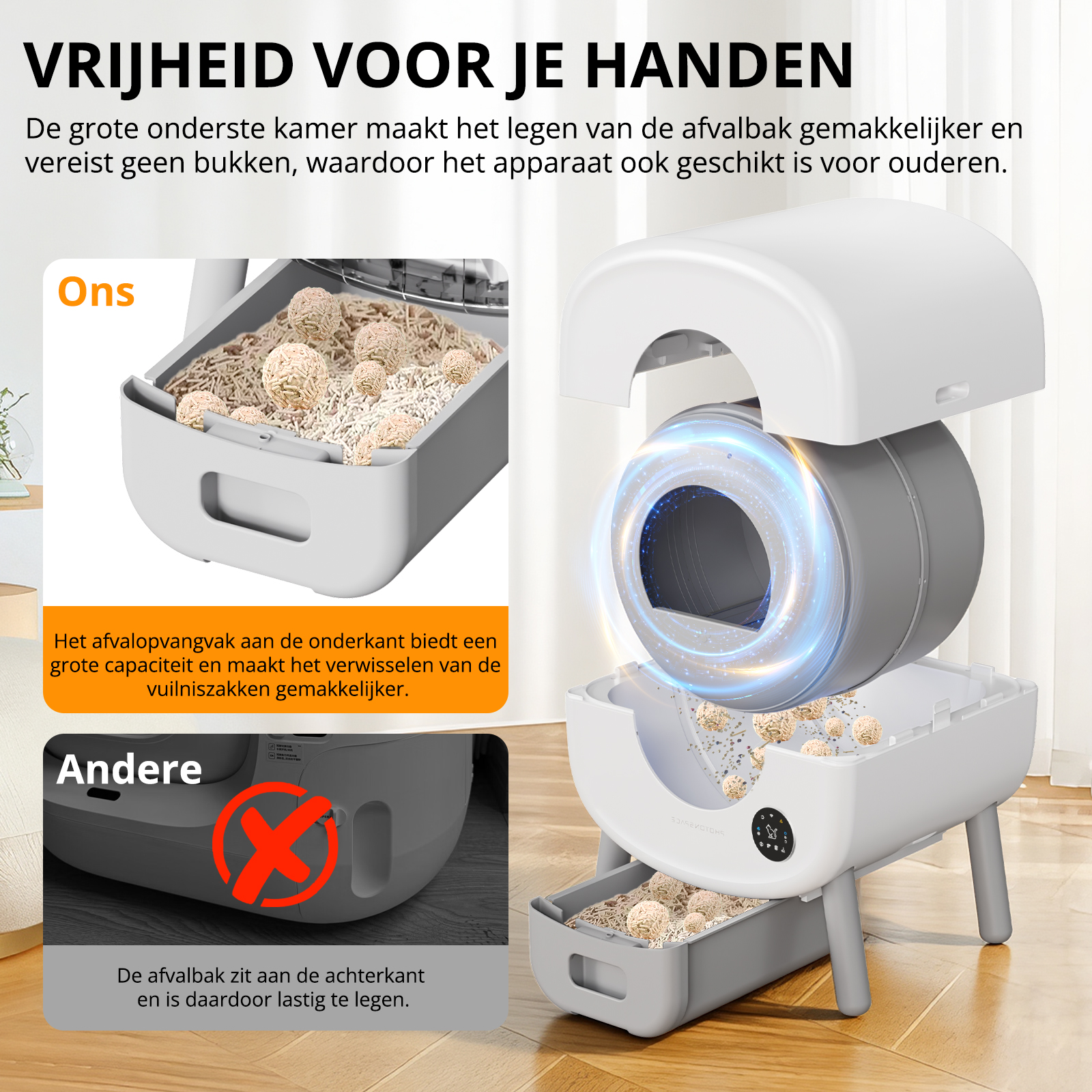 A self-cleaning litter box with a front waste bin and large capacity.