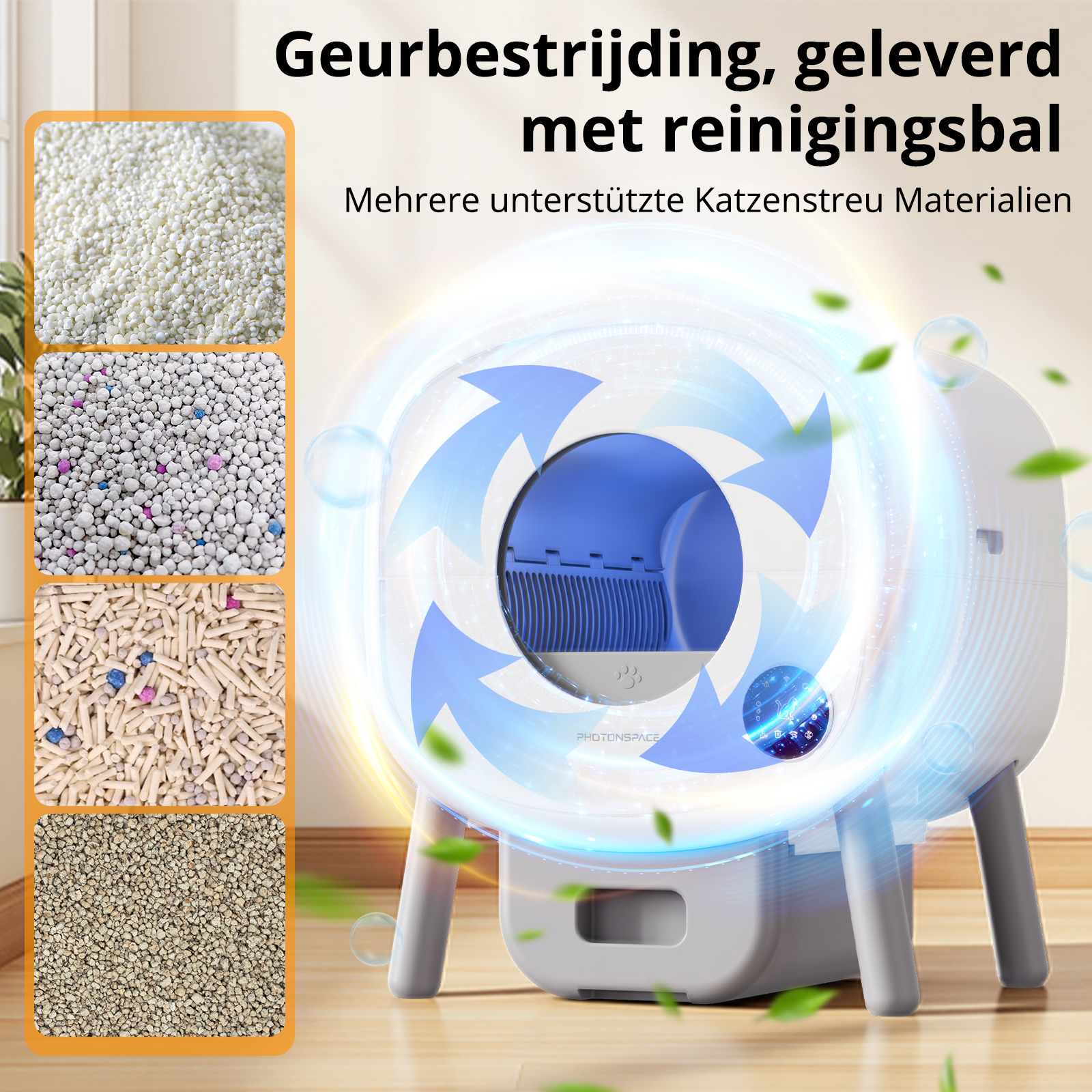 An automatic cat litter box with four types of cat litter shown.