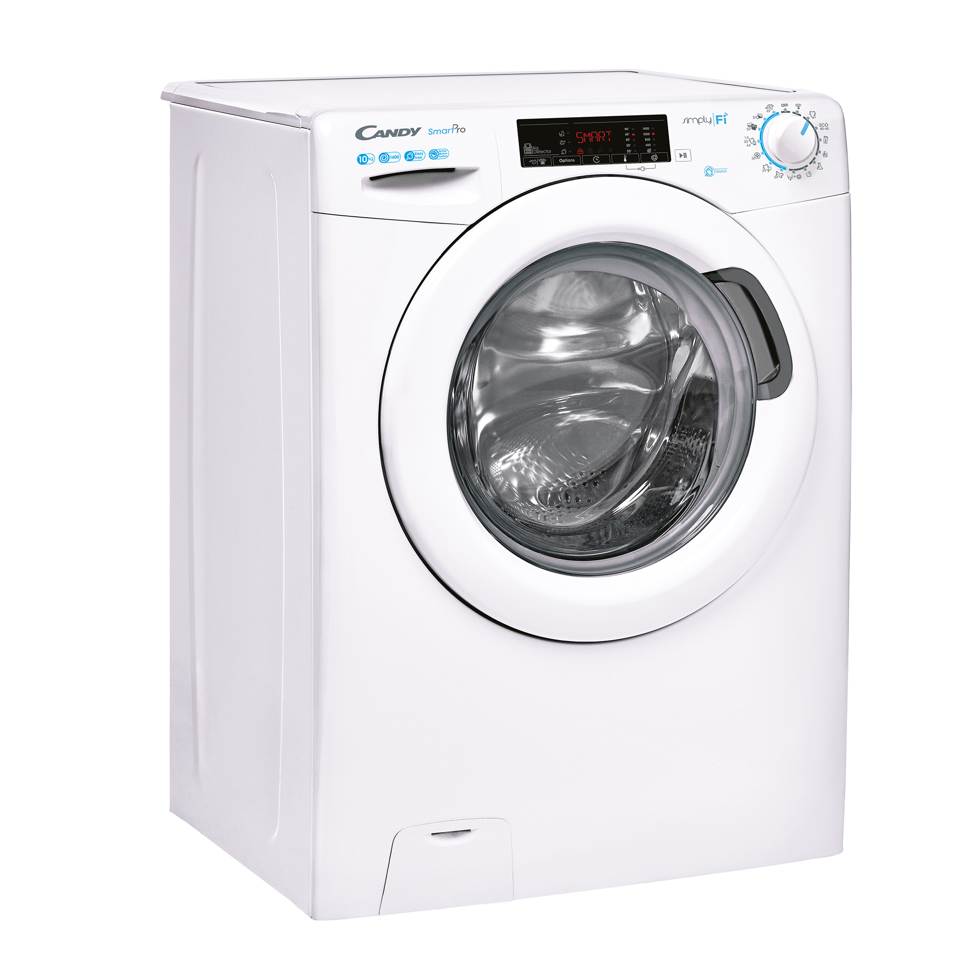 Eine weiße Candy SmartPro Waschmaschine mit digitalem Display und Drehknopf.