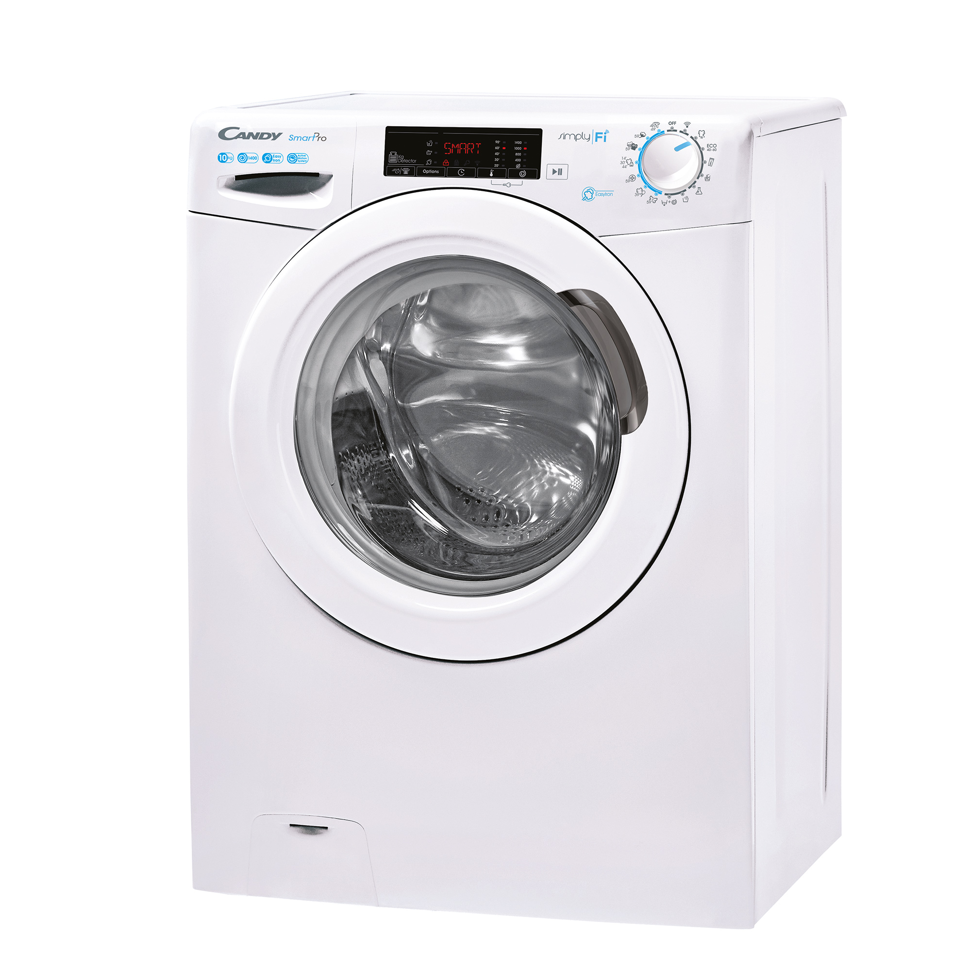 Eine weiße Candy SmartPro Waschmaschine mit digitalem Display und Drehregler.