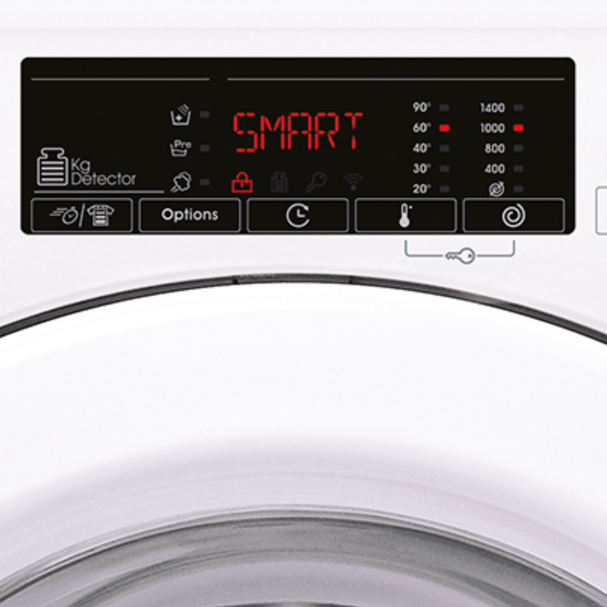 Bedienfeld einer Waschmaschine mit rotem "SMART"-Display, Optionen und Einstellungen.
