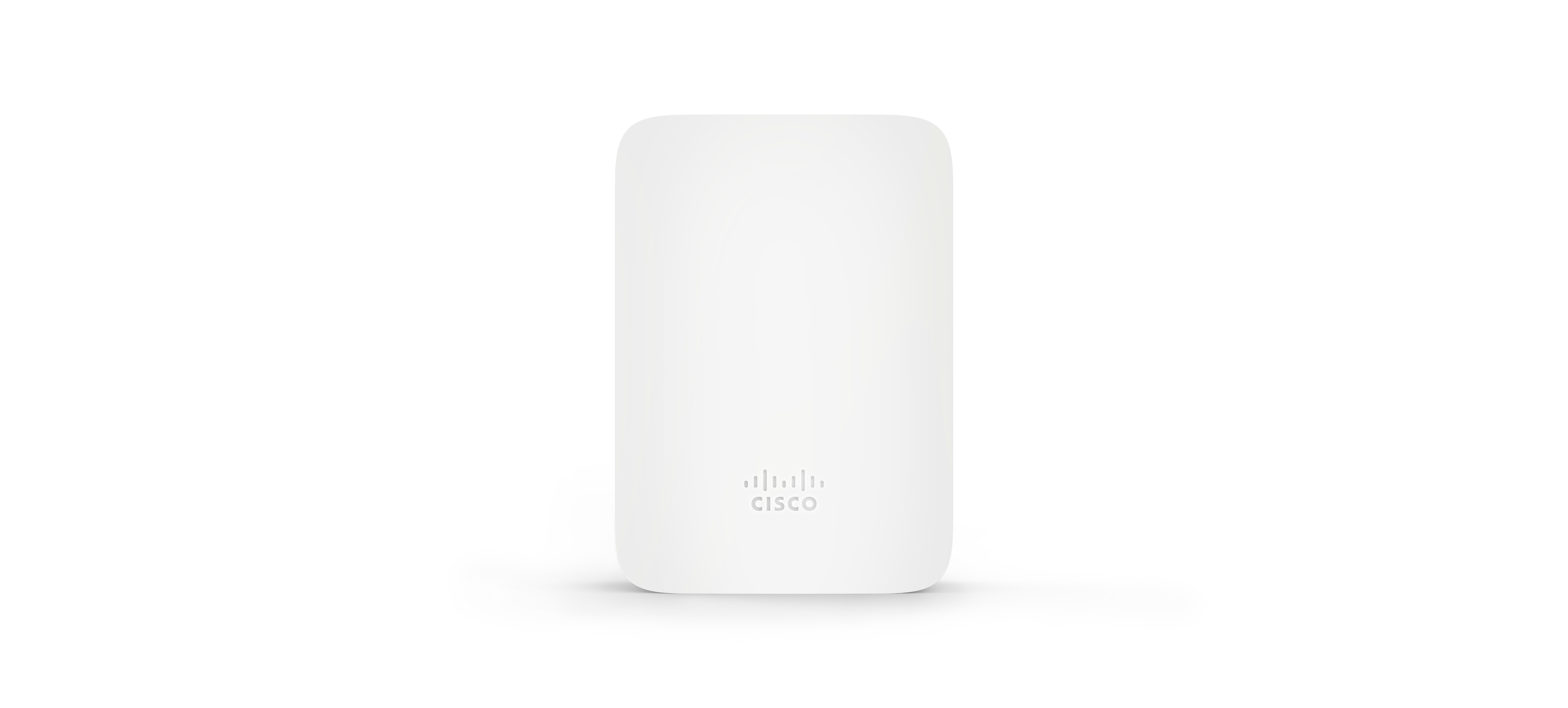 Ein weißes Cisco-Gerät mit abgerundeten Ecken, isoliert auf weißem Hintergrund.