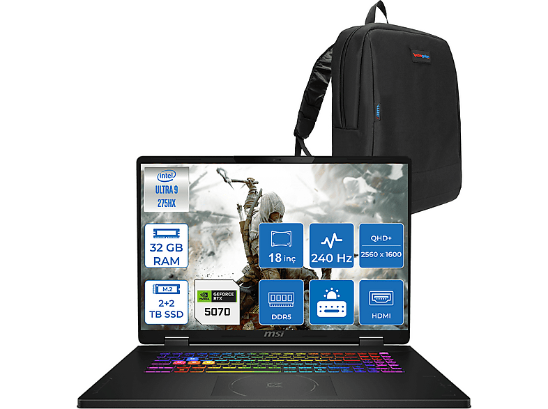 MSI Crosshair 18 8GB RTX5070 115W 2.5K 240Hz W032XTRF14 Intel Core Ultra 9 275HX 32 GB RAM 2 TB SSD 18 inç FreeDOS Laptop+Çanta Siyah